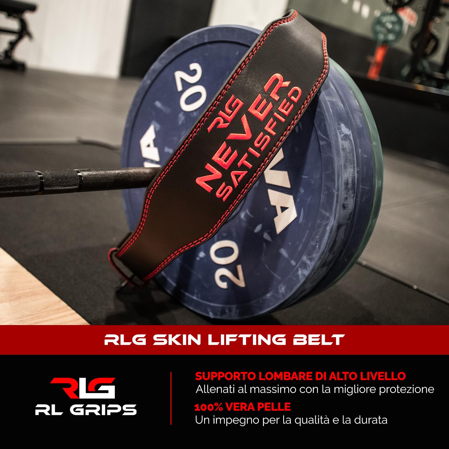 RL Grips - Cintura da Palestra in Pelle per Sollevamento Pesi - Supporto Lombare Bodybuilding Uomo Donna - Cintura Powerlifting Sollevamento Fitness