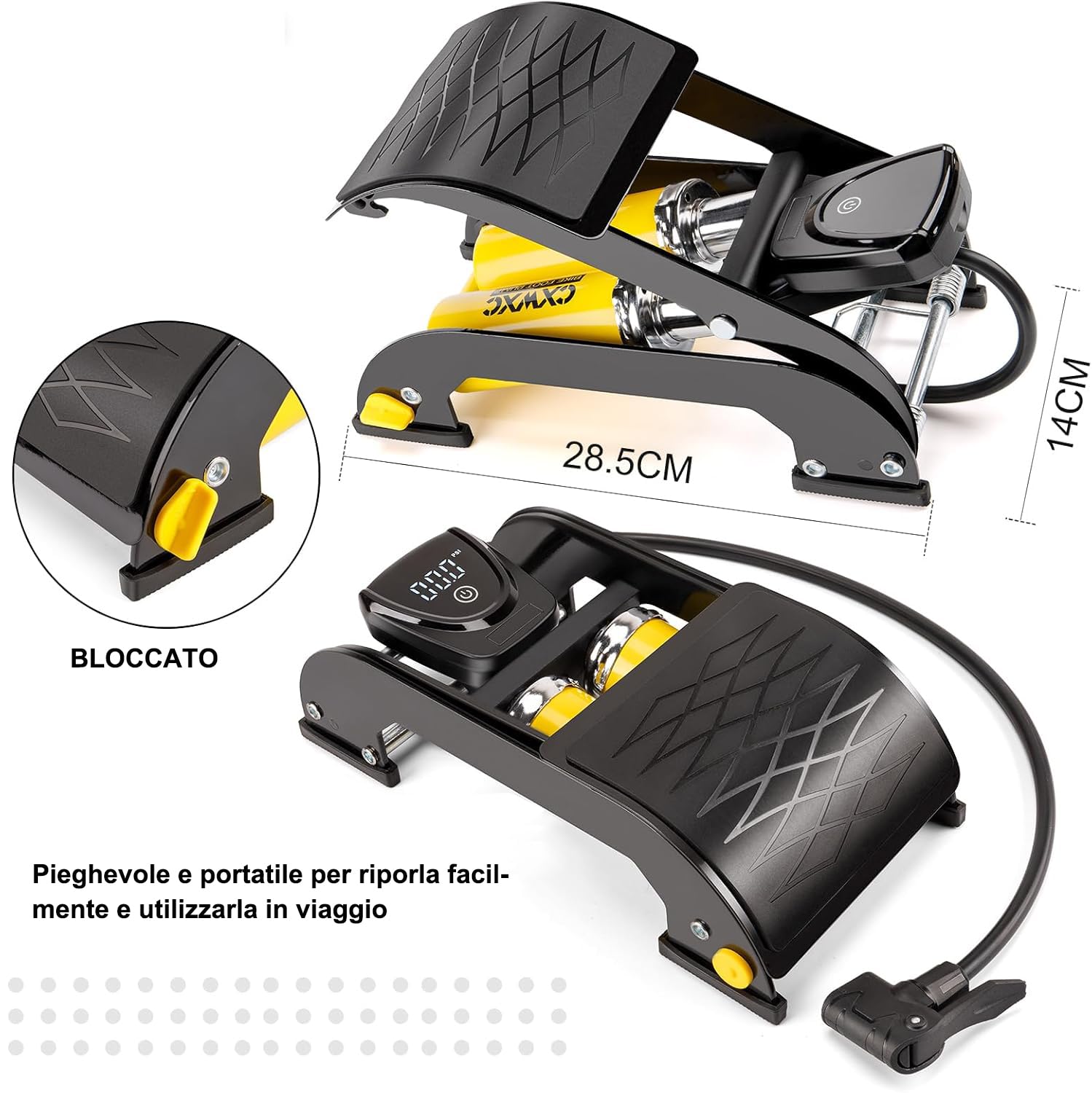 CXWXC Pompa a pedale digitale a due cilindri con manometro (160 psi), per valvole Schrader e Presta, adatta per bicicletta, moto, palloni, materassi ad aria e accessori per piscina
