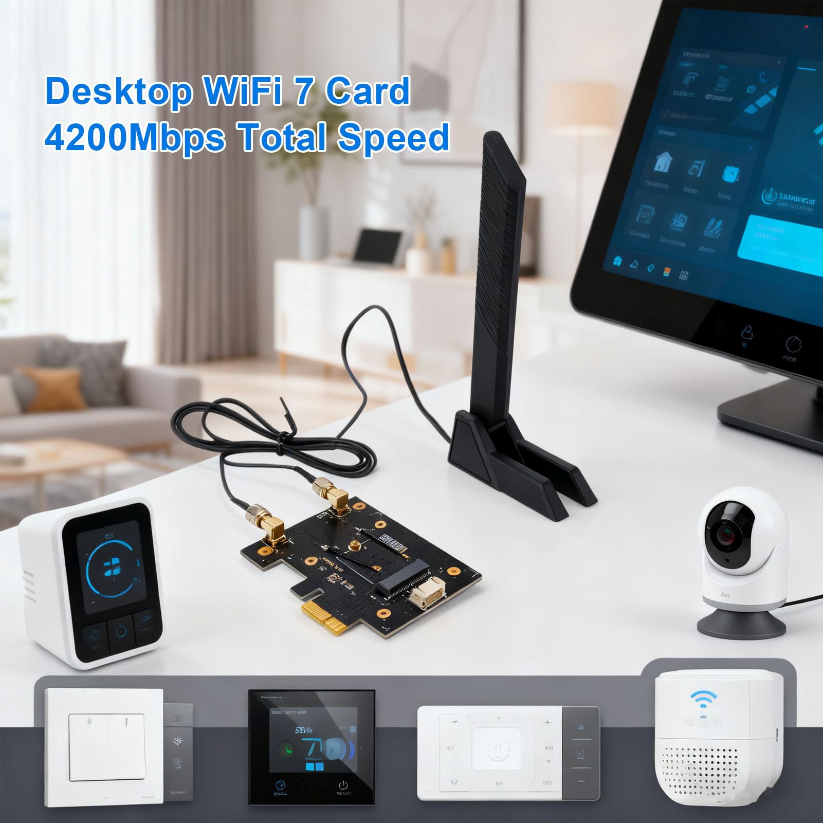 Carte WiFi 7 Pcie, Adaptateur sans Fil Tri-Bande 2,4 Ghz, 5 Ghz Et 6, Bluetooth 5.2, 4200 Mbps, Carte Réseau avec Antenne Externe 10 DB, pour 10 11