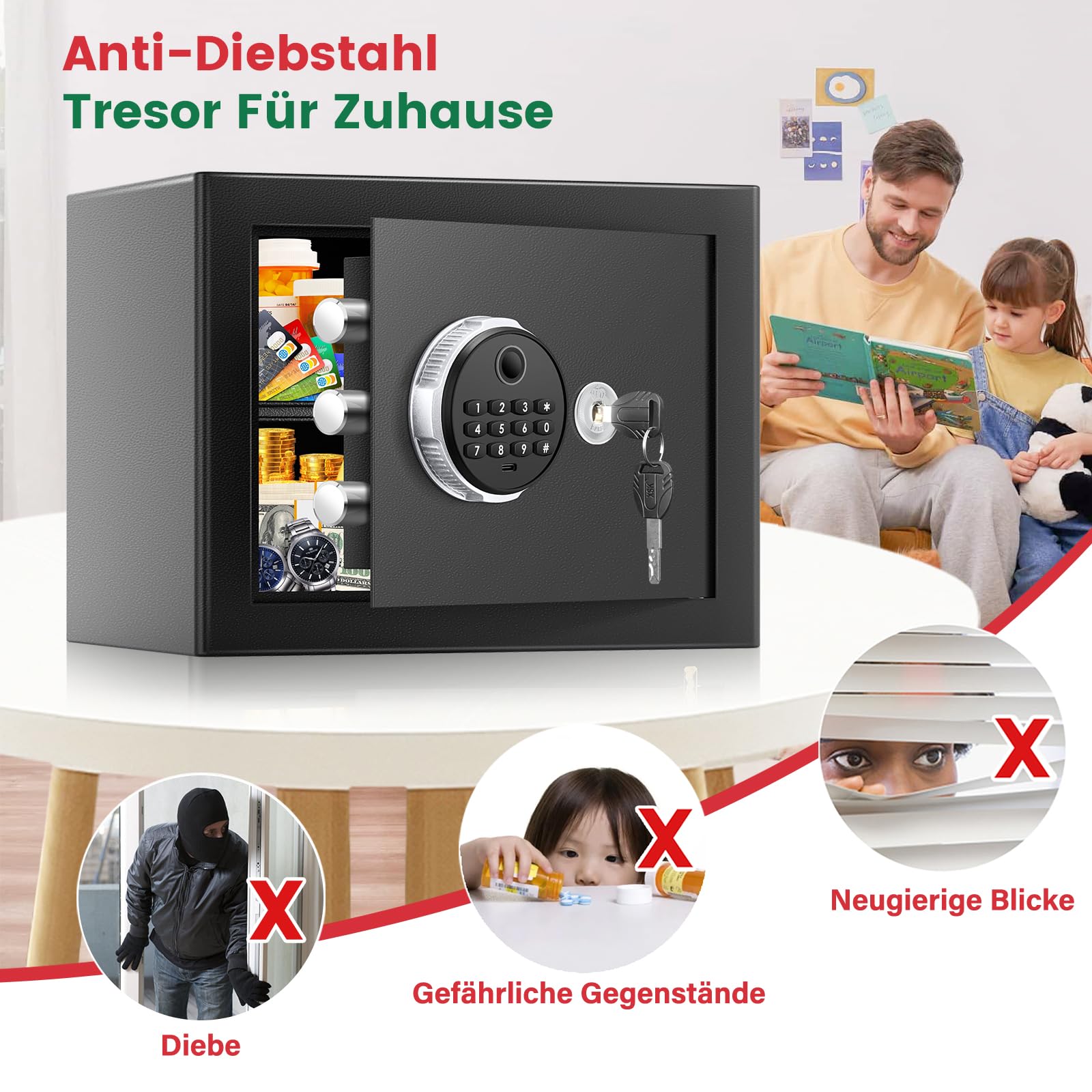 Tiskgg Fingerabdruck Tresor für Zuhause mit Feuerfester Tasche, 25L Safe Tresor Fingerabdruck mit Abnehmbares Regal und Dualer Alarmmodus, Digitaler Möbeltresor für Geld Medikamente Dokumente