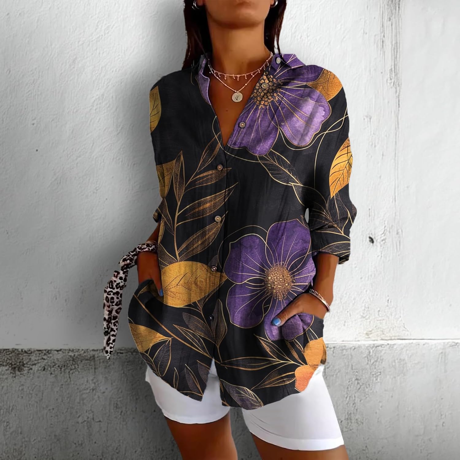 Boho Floral Linen Shirt for Women Elegent Rolled Three-Quarter Sleeves V Neck Collar Flowing Blouse - Image 2