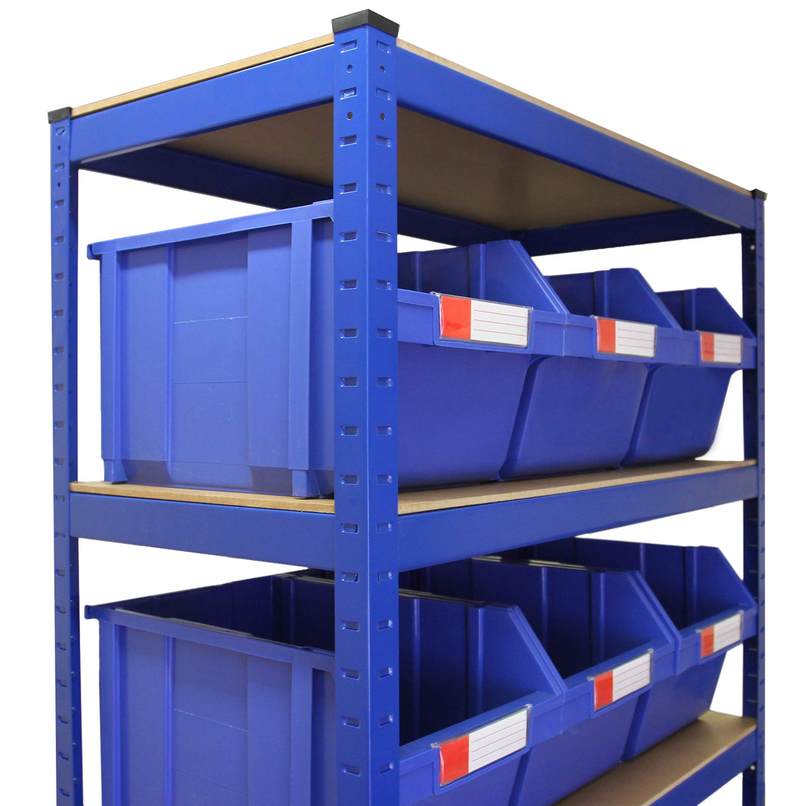T-Rax 90cm Estantería Azul para Almacenamiento con 12 Organizadores de Piezas de Ferretería, Almacén y Taller Apilables Unidad de Estantería sin Tornillos