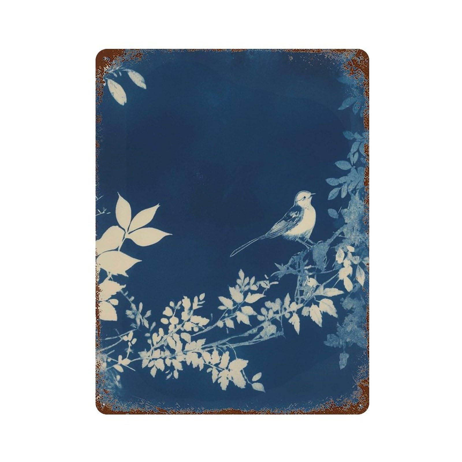 xiaoxiaoshen Blue Bird And Leaves Nature Minimalist Botanical Cyanotype Style Tranquil Wall Decor Art Metal Tin Poster Modern Home Decor Art Home Bar Shop Decorations Vintage Sign 40x30cm