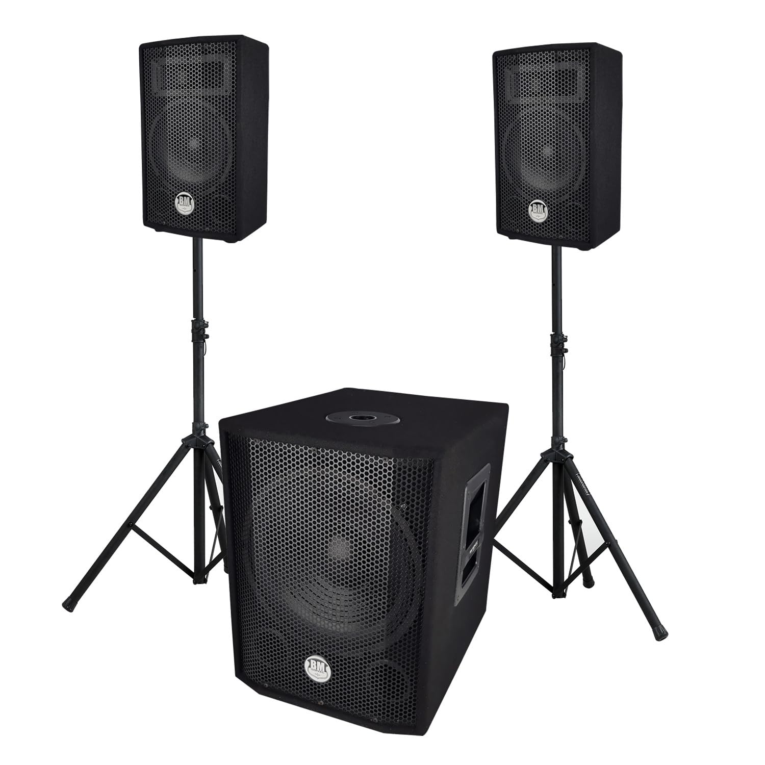 Système Sono triphonique BM Bmsonic BMS 1208, Caisson bi-amplifié 1000W - USB Bluetooth, 30cm, Satellites 8" 2x200W, câbles, Pieds