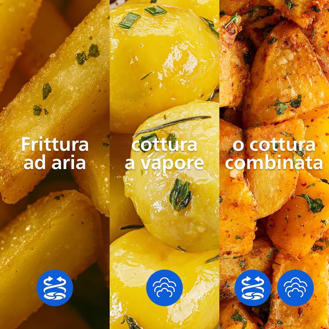 Philips Airfryer Serie 5000 doppio cestello con vapore-Frittura ad aria, cottura a vapore o combinata 19 metodi di cottura; Capacità 9L (3L + 6L), Tecnologia RapidAir Plus, Auto SteamClean (NA550/00)