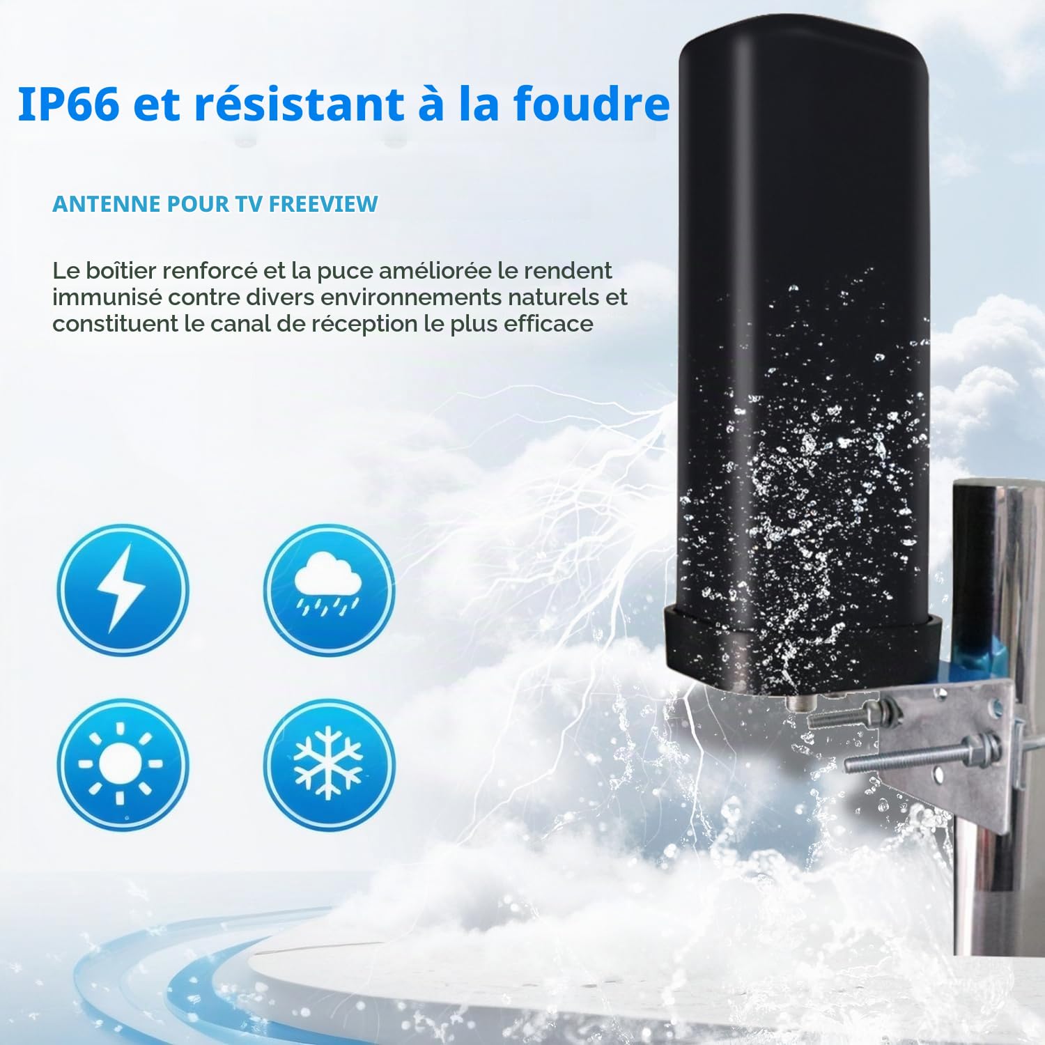 Antenne TV Puissante, Antenne TNT Antifoudre Réception 360° à Câble 13m | Intérieur Extérieure, Amplificateur Signal Booster Intégré, DVB-T DVB-T2 1080P 4K VHF UHF DTMB