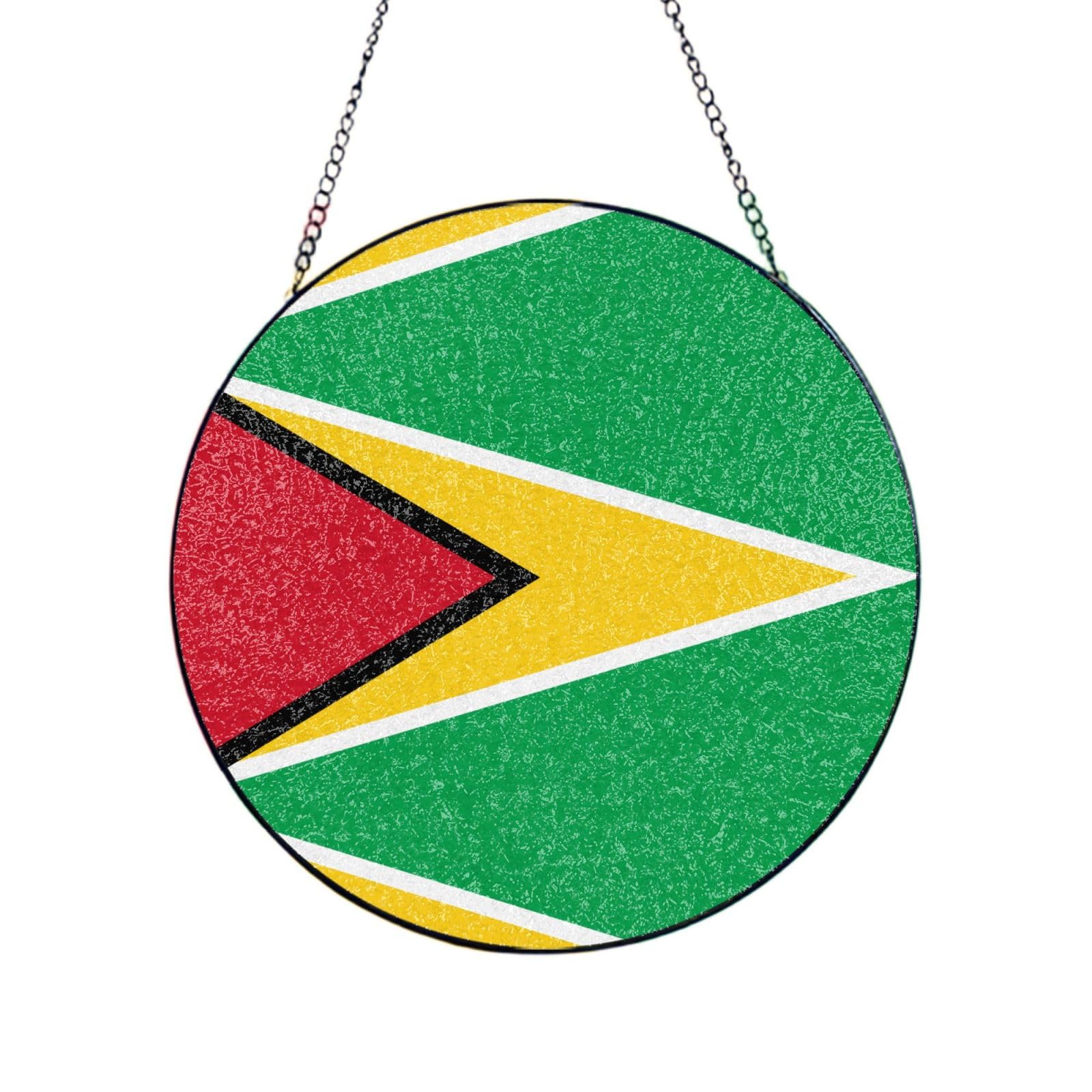 Phayah Flag Of Guyana Print Glass Window Hanging Round Suncatcher Glass Ornament Garden Wall Fence Decorations Indoor Outdoor 6in（15cm）