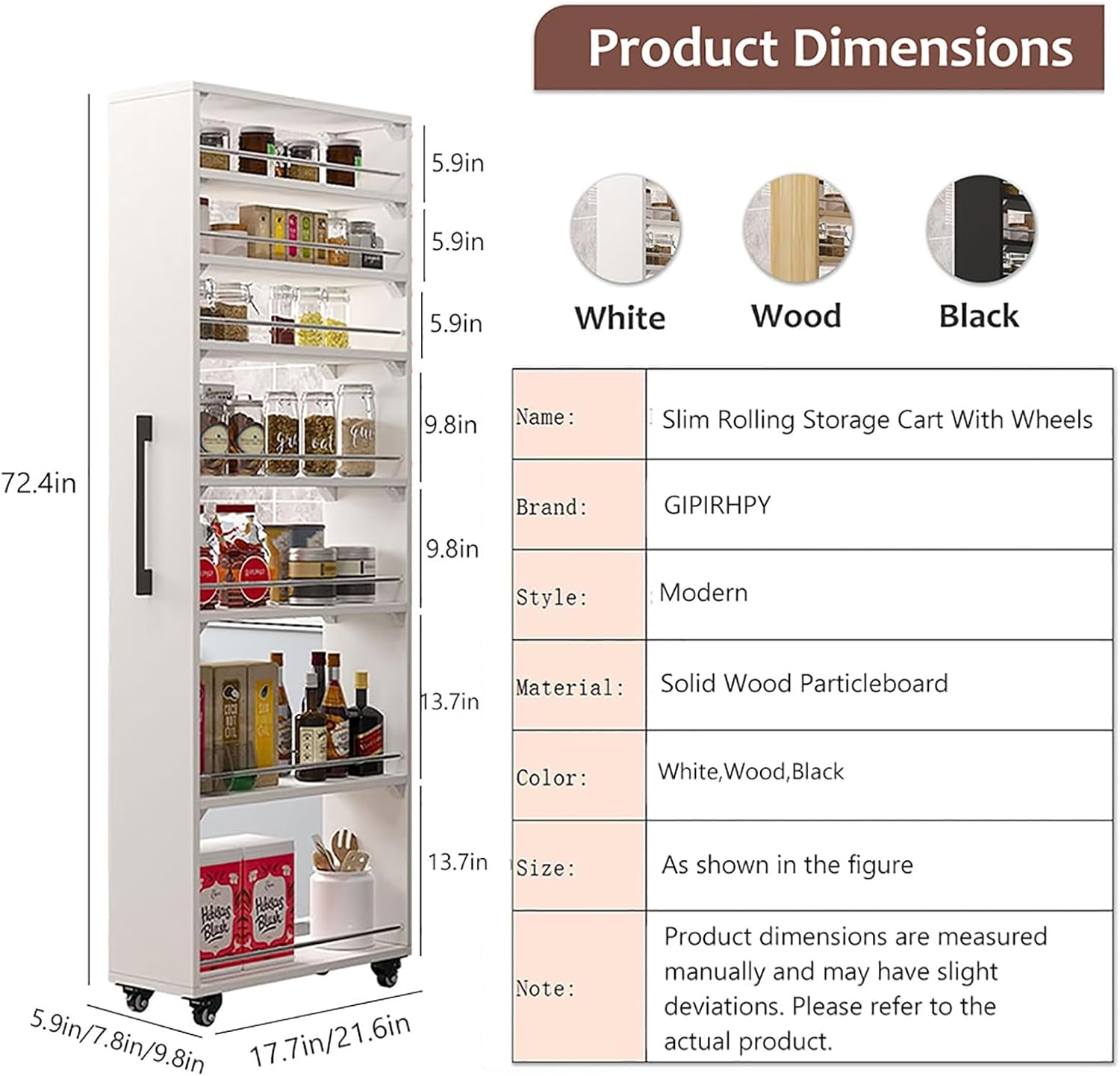 7 Tier Slim Rolling Storage Cart With Wheels,narrow Spice Rack Organizer Cabinet Next To Fridge,space-saving Wood Storage Organizer For Kitchen,pantry,laundry(D 17.72 x H 72.4 x W 7.87 IN, Black)
