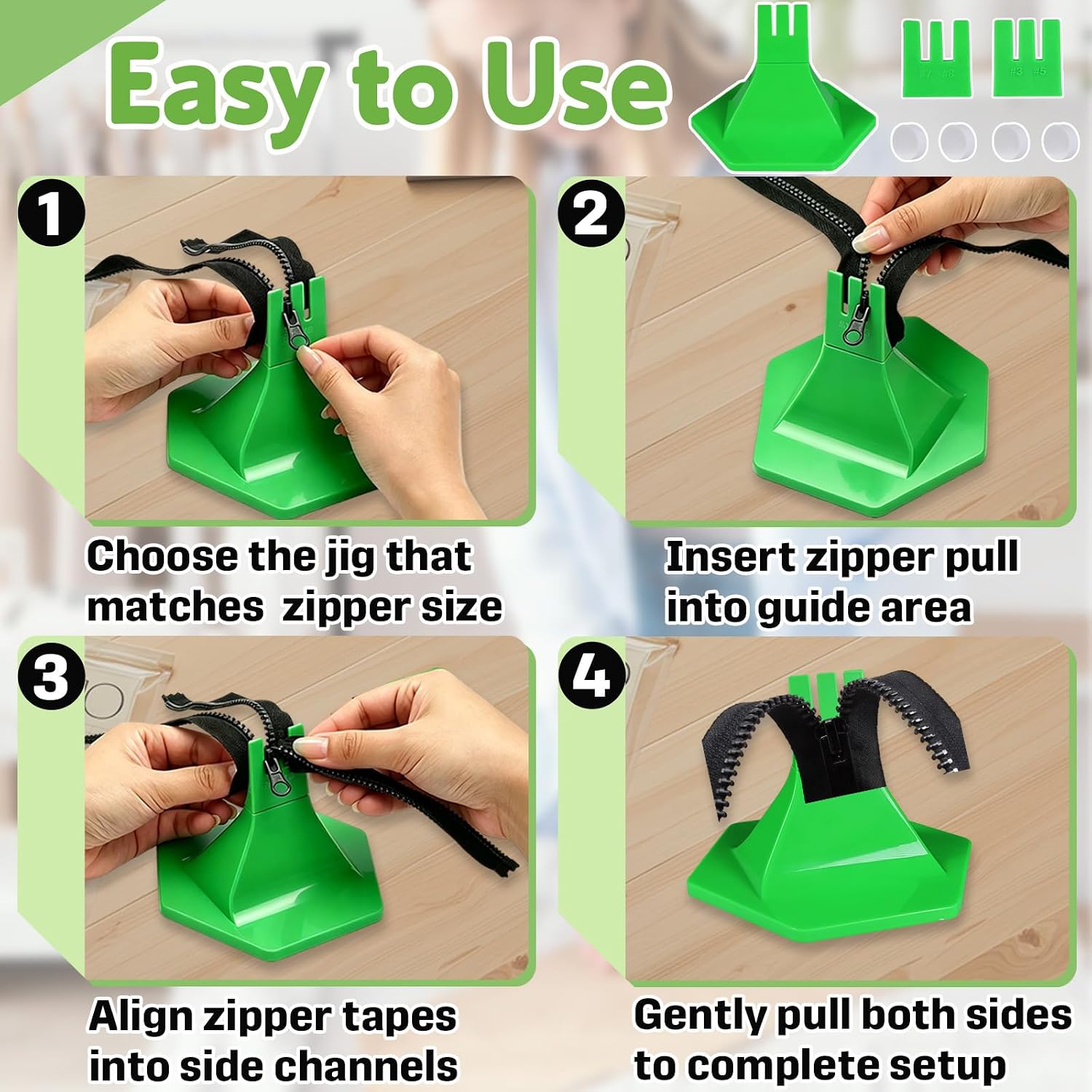 3-Prong Zipper Jig Tool with Adhesive Base for 6 Size #1#2#3#5#7#8 Zippers, Portable Zipper Pulls Installation and Repair on Clothing and Bags (Green)
