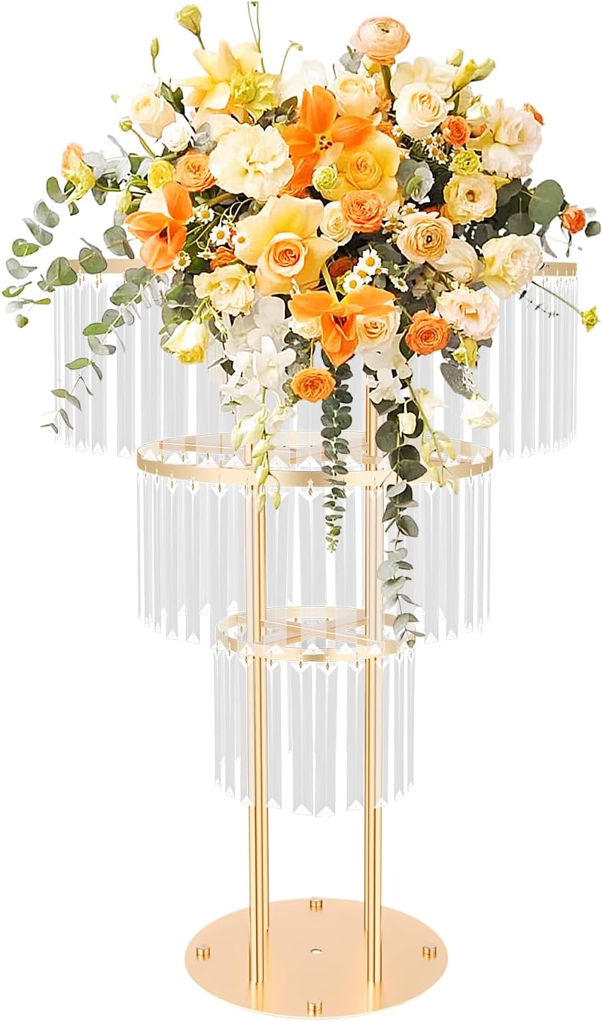 Crystal Flower Stand, 3-Tier Wedding Gold Vases Centerpieces with Hanging Crystals, Round Chandelier Pedestal Stand for Wedding, Reception & Party Decoration