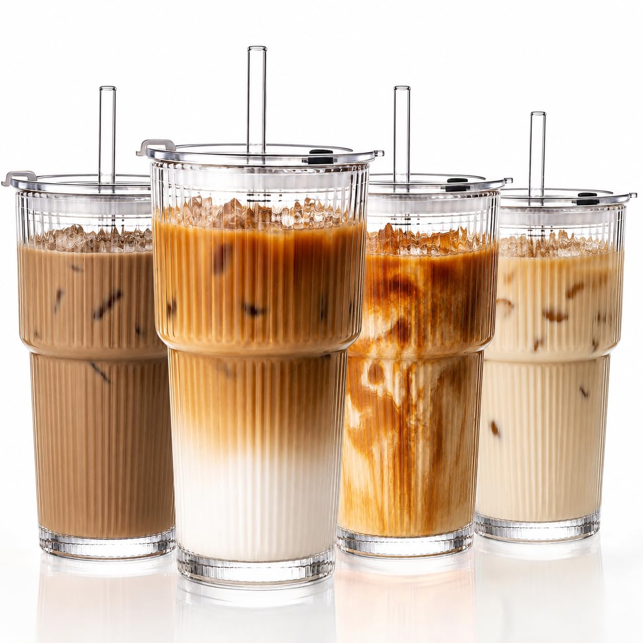 Photo 1 of GOSCHE 20oz Glass Tumblers with Straws and Lids, Ribbed Iced Coffee Cups Leak-proof, Dishwasher Safe, Thickened Glass Cups with Lids Ideal for Coffee and Travel, Clear, 4 Pack