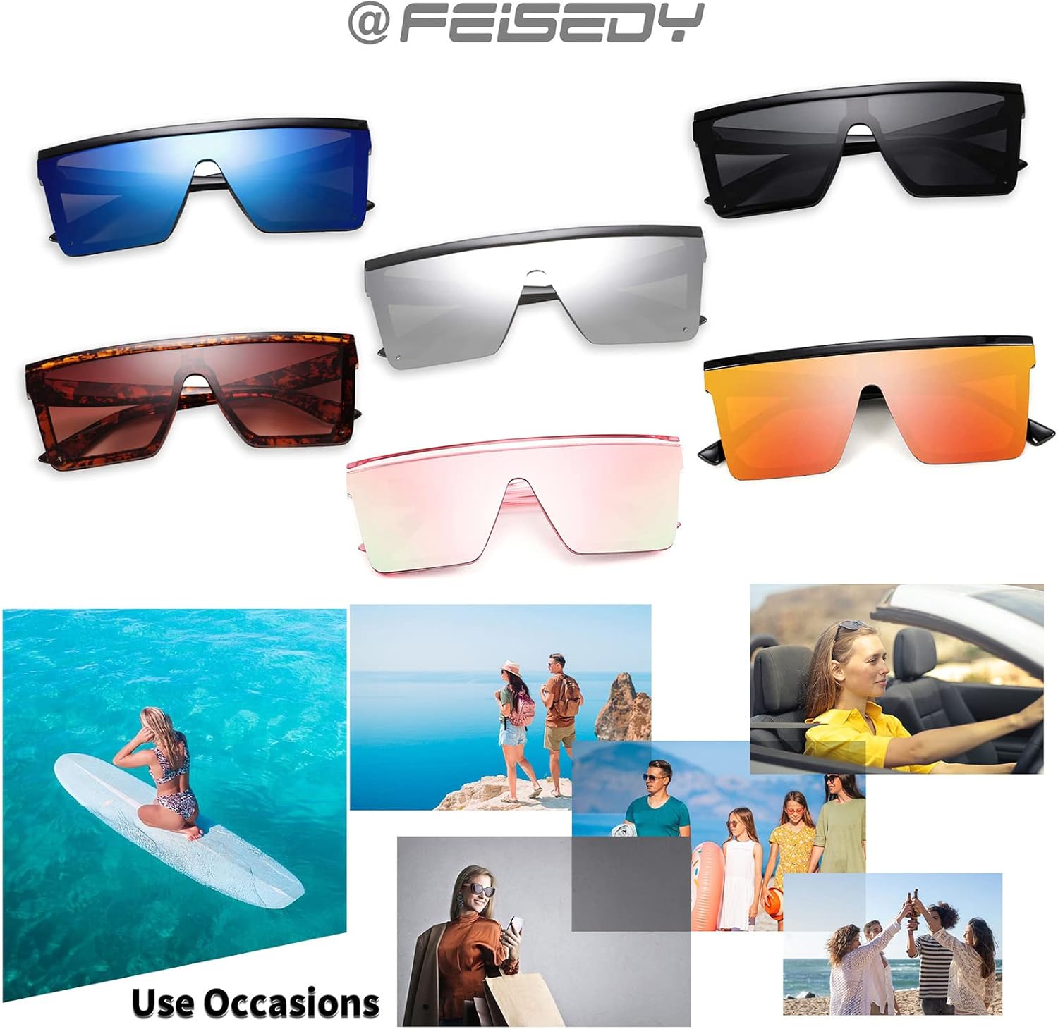 FEISEDY Oversized Sunglasses Mens Womens Flat Top Square Trendy Visor Shades UV400 B2470 - Image 7