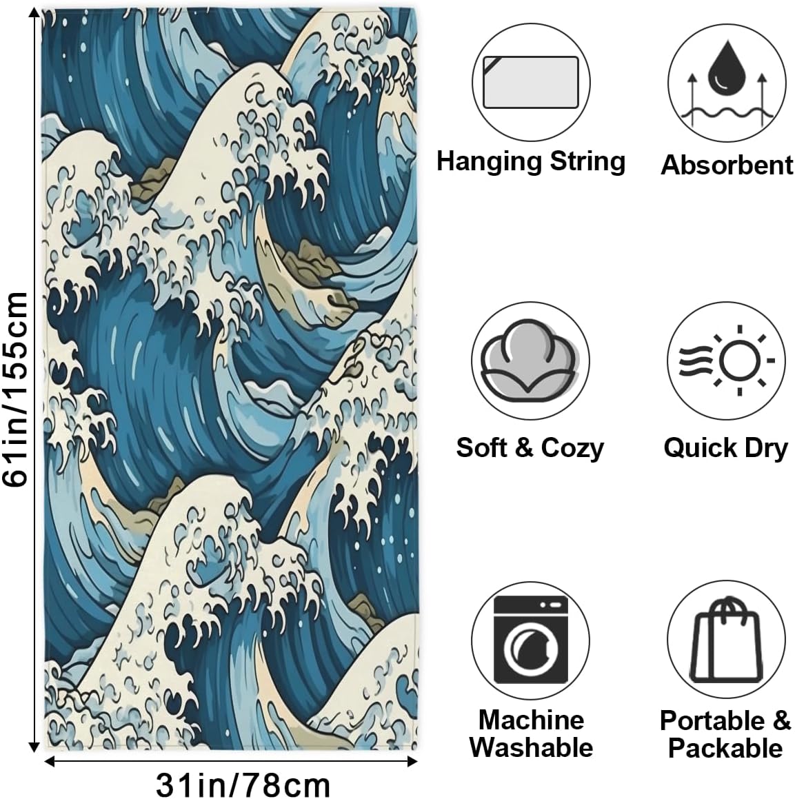 Rough Sea Waves Beach Towel, Large Microfiber Quick Dry Lightweight Pool Bath Towels Sand Free Beach Blanket for Summer Cruise Yoga Camping Travel Vacation Essentials 31 x 61 in