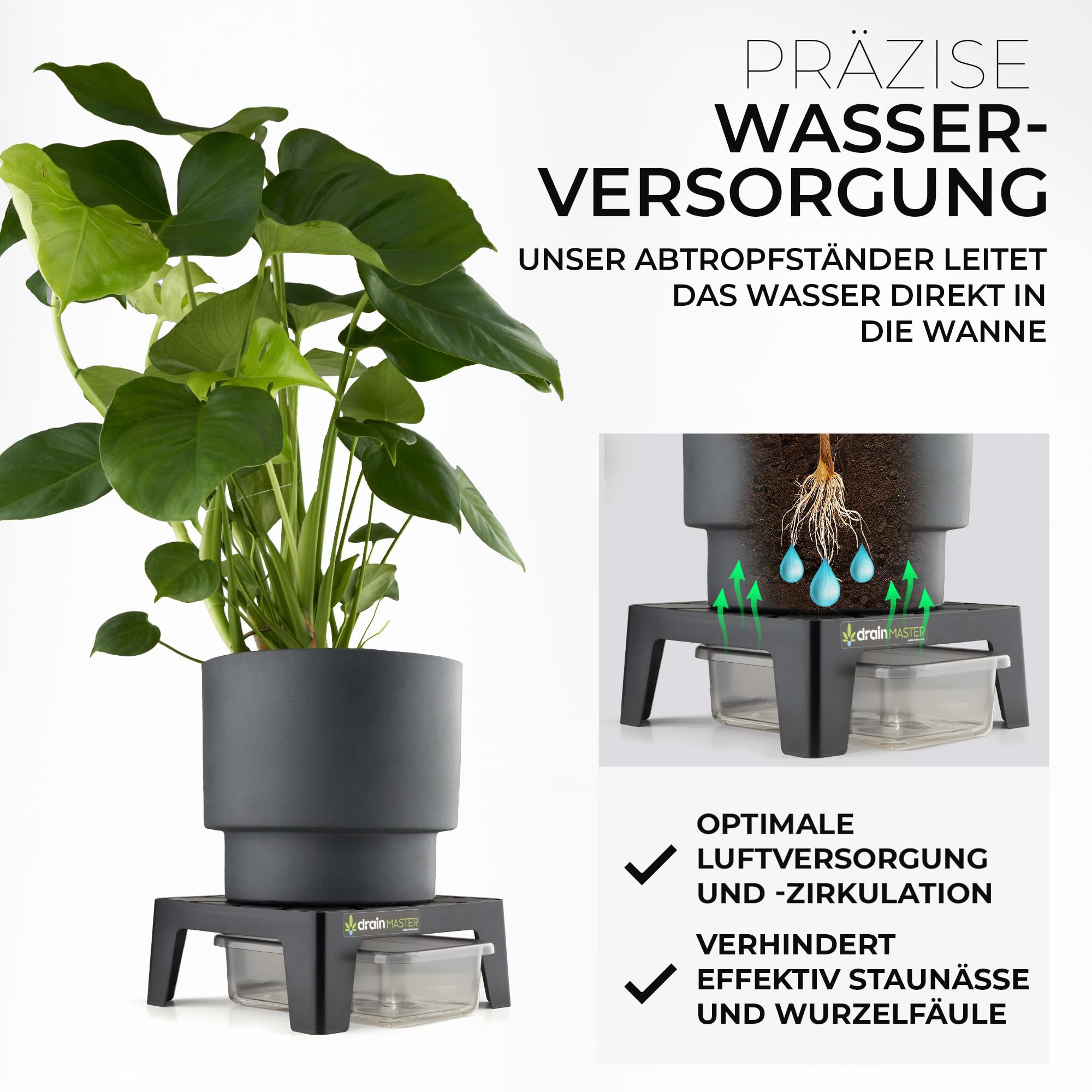 Blumentopf Untersetzer 24x24cm - Einzelset inkl. Ablaufwanne - Pflanzuntersetzer eckig Blumen Pflanzen Drainage Indoor/Outdoor - Ideales Zubehör für Growzelt - Made in Germany