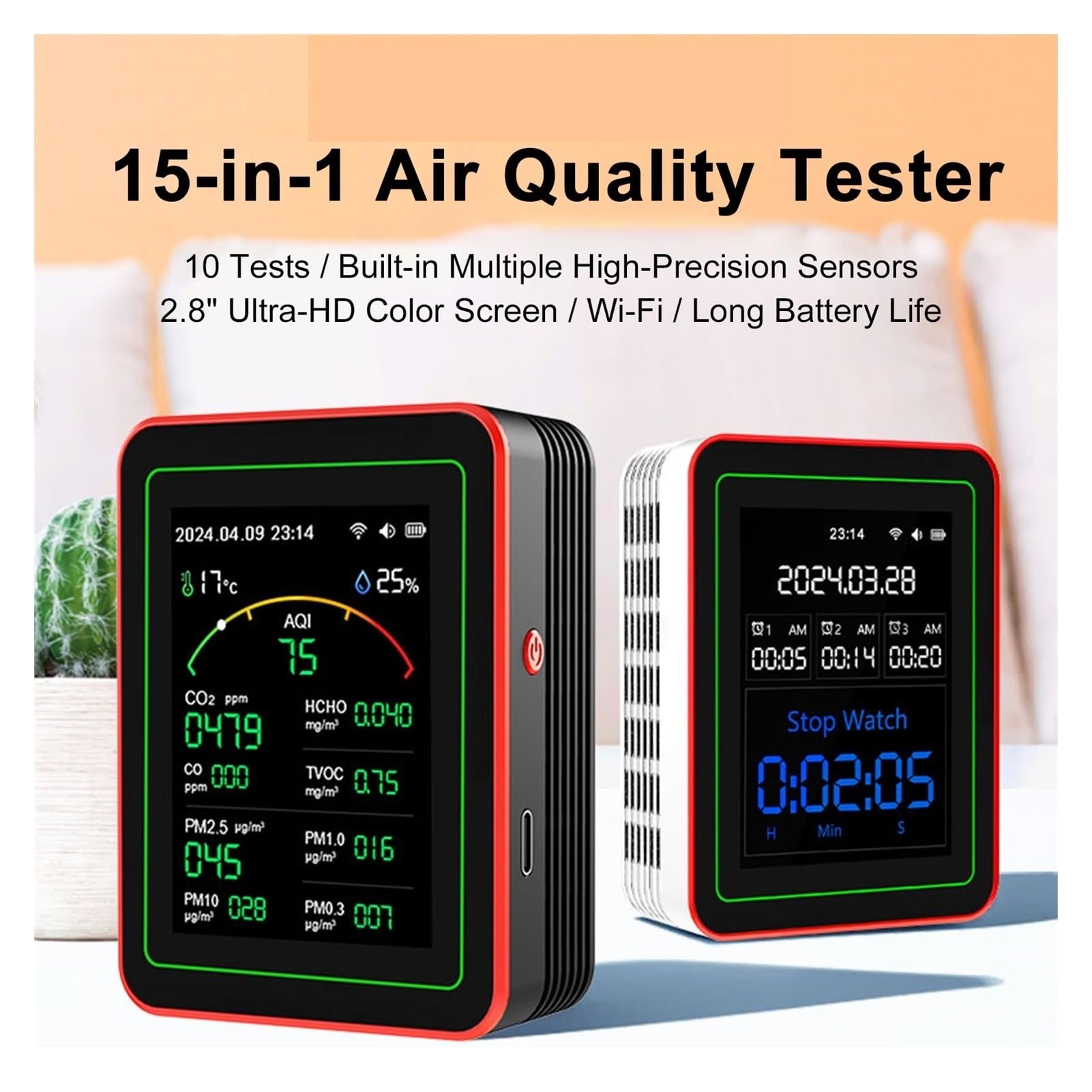 Monitor de calidad del aire, Detector De Calidad Del Aire WiFi 15 En 1 CO/CO2/HCHO/TVOC//PM0.3/PM1.0/PM2.5/PM10/temperatura/humedad/monitor(15 in 1 WIFI White)