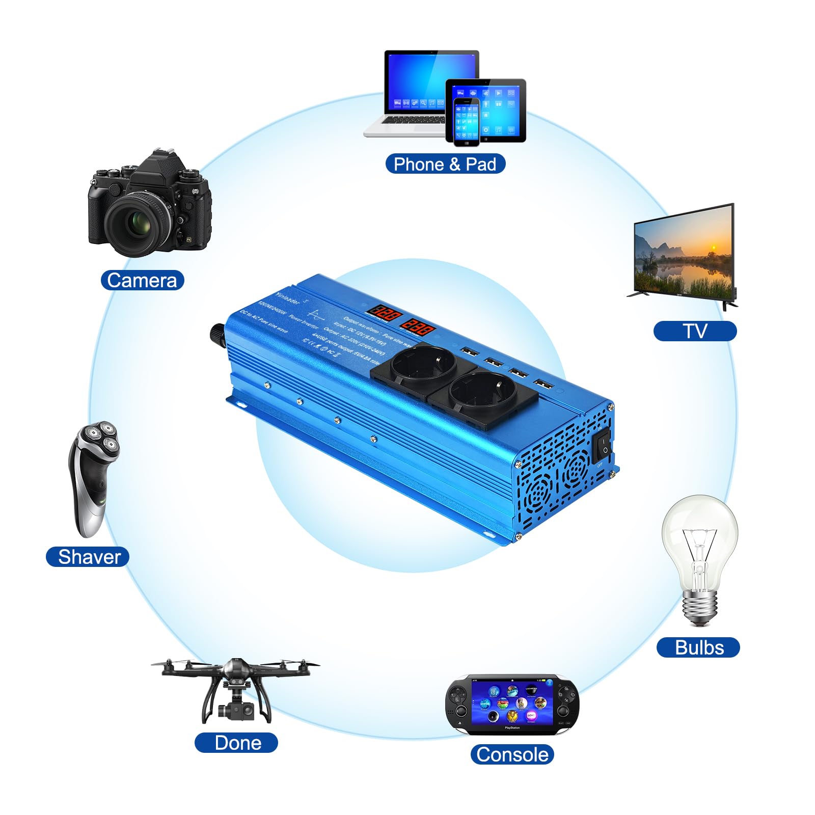 Yinleader 12V auf 230V 2400W Reiner Sinus Wechselrichter 2 EU Steckdosen und 4 USB-Anschlüsse 2 LED Spannungswandler