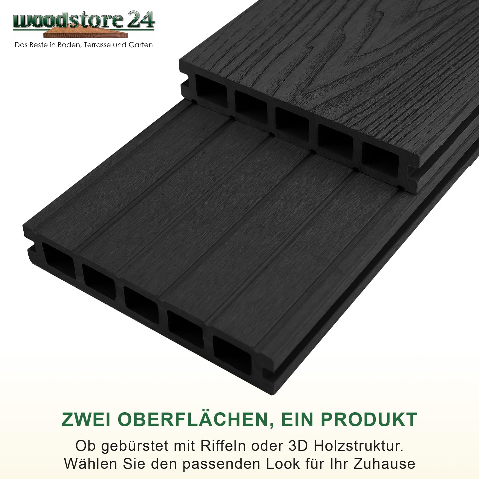 Terrassendielen WPC Diele Komplettset 3D Holzstruktur WoodoMykonos (25 x 145mm, Länge: 2,40m) in anthrazit (Anthrazit, 5 m²)
