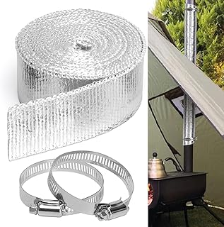 Fireproof Pipe Wrap Insulation, 2"W X 16'L Heat Insulation Pipe Wrap, Fiberglass Heat Shield Tape Pipe for Stove Flue Protector, Anti-Scald Chimney Ribbon with 2 Stainless Clamps & 4 Ties