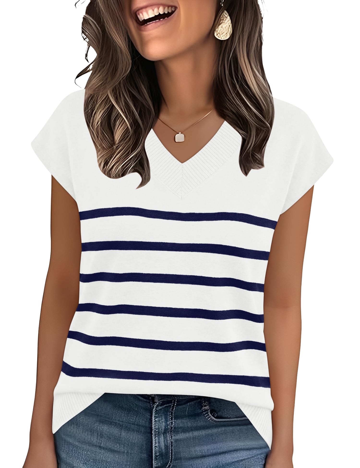 Womens Summer V Neck Cap Sleeve Sweaters Knit Lightweight Casual Pullover Tops-image-43