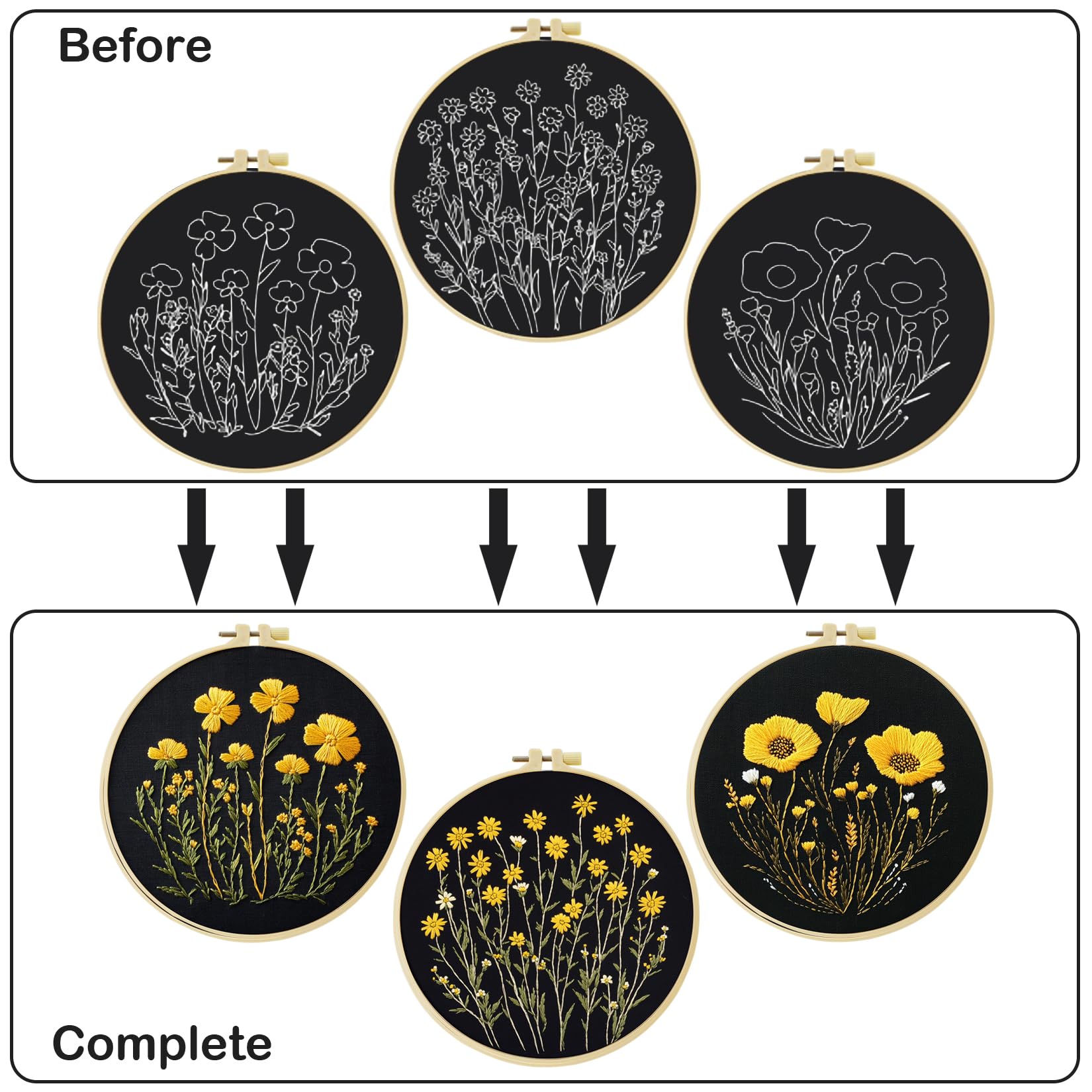 57lilina Kit de bordado para principiantes, paquete de 3 con aros, hilos, agujas, suministros de punto de cruz para adultos, regalo para los amantes de las manualidades de relajación, tema de flores