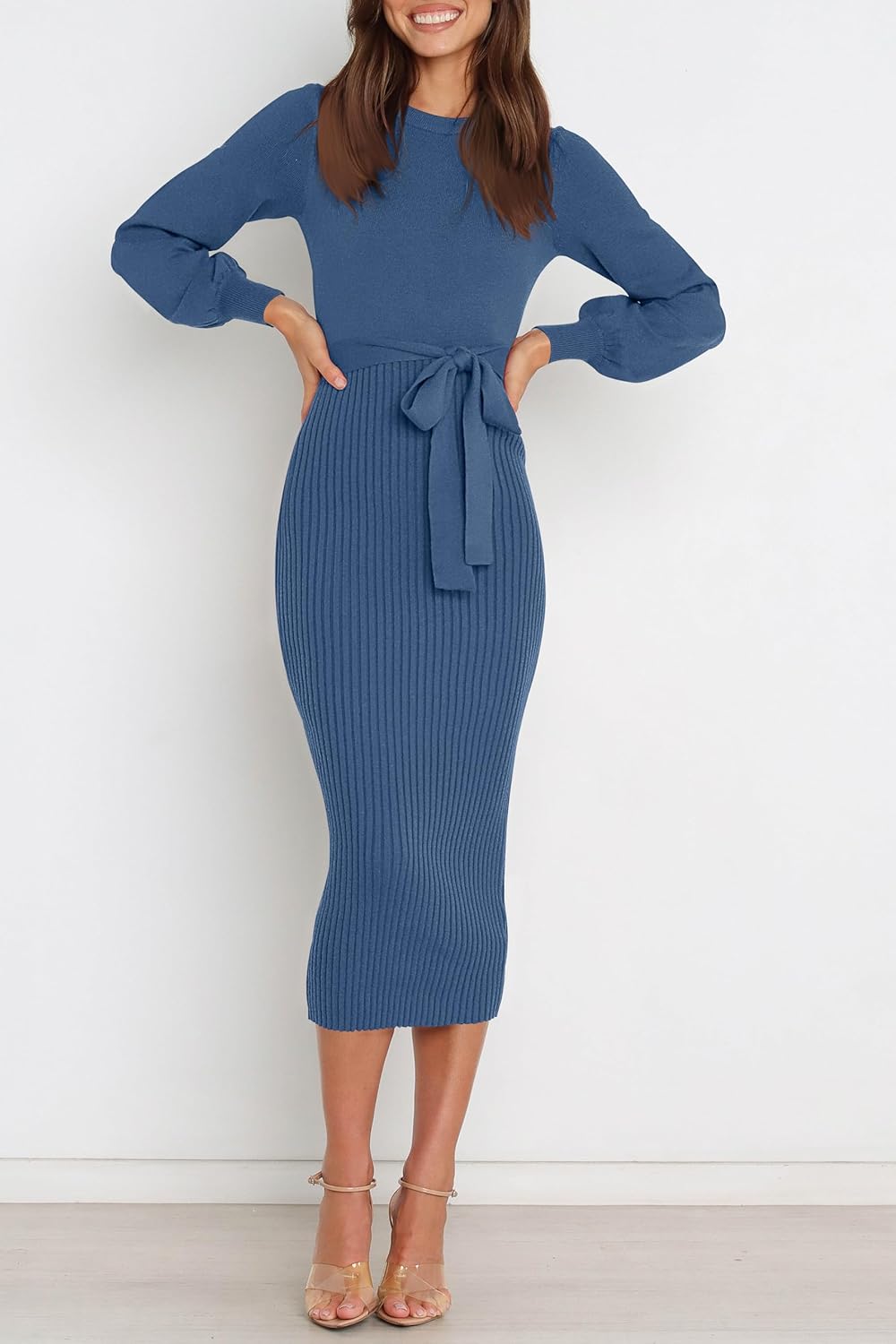 HAEOF Womens 2026 Fall Midi Sweater Dress Winter Puff Long Sleeve Bodycon Ribbed Knit Trendy Business Casual Work Dresses - Image 2