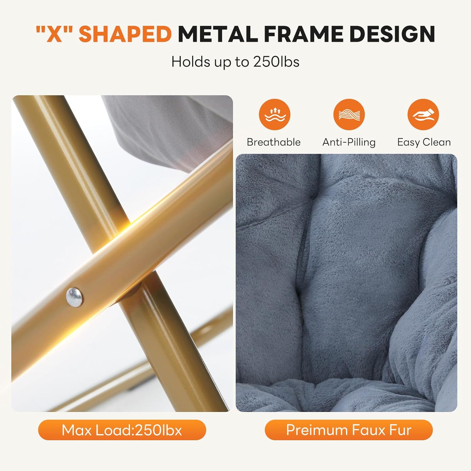 Sweetcrispy Saucer Chairs, Comfy Folding Cozy Faux Fur Living Room Reading Lounge Chair with Soft Thick Padded Seat & Metal Frame Modern Style Bedroom Dorm for Kids Adults, X-Large - Classic Gray