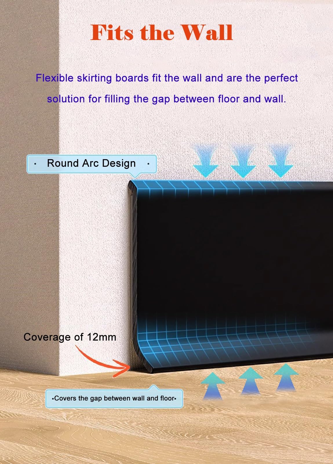 Rodapié autoadhesivo de PVC impermeable, borde de ángulo suave para escaleras, pasillos, garajes, fácil de instalar y cortar, ideal para salas de estar, oficina, hospital (8 cm de alto, 3 m de largo,