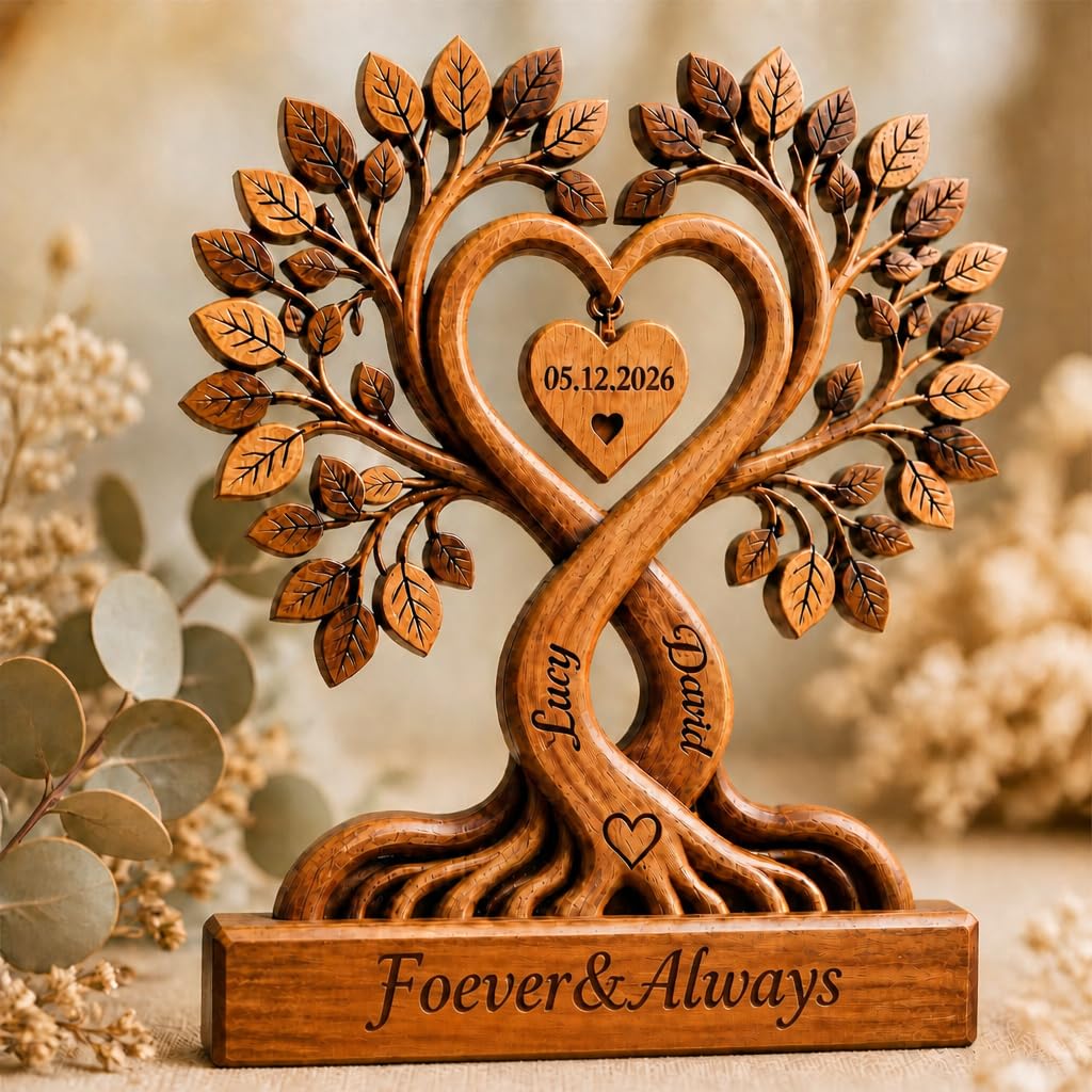 Personalised Couple Heart Tree Wooden Plaque, Custom Wooden Heart Block with Names, Anniversary Wedding Gifts for Couples Him and Her Wood Block, Wife Husband Birthday Gift, Anniversary Home Decor — image 1
