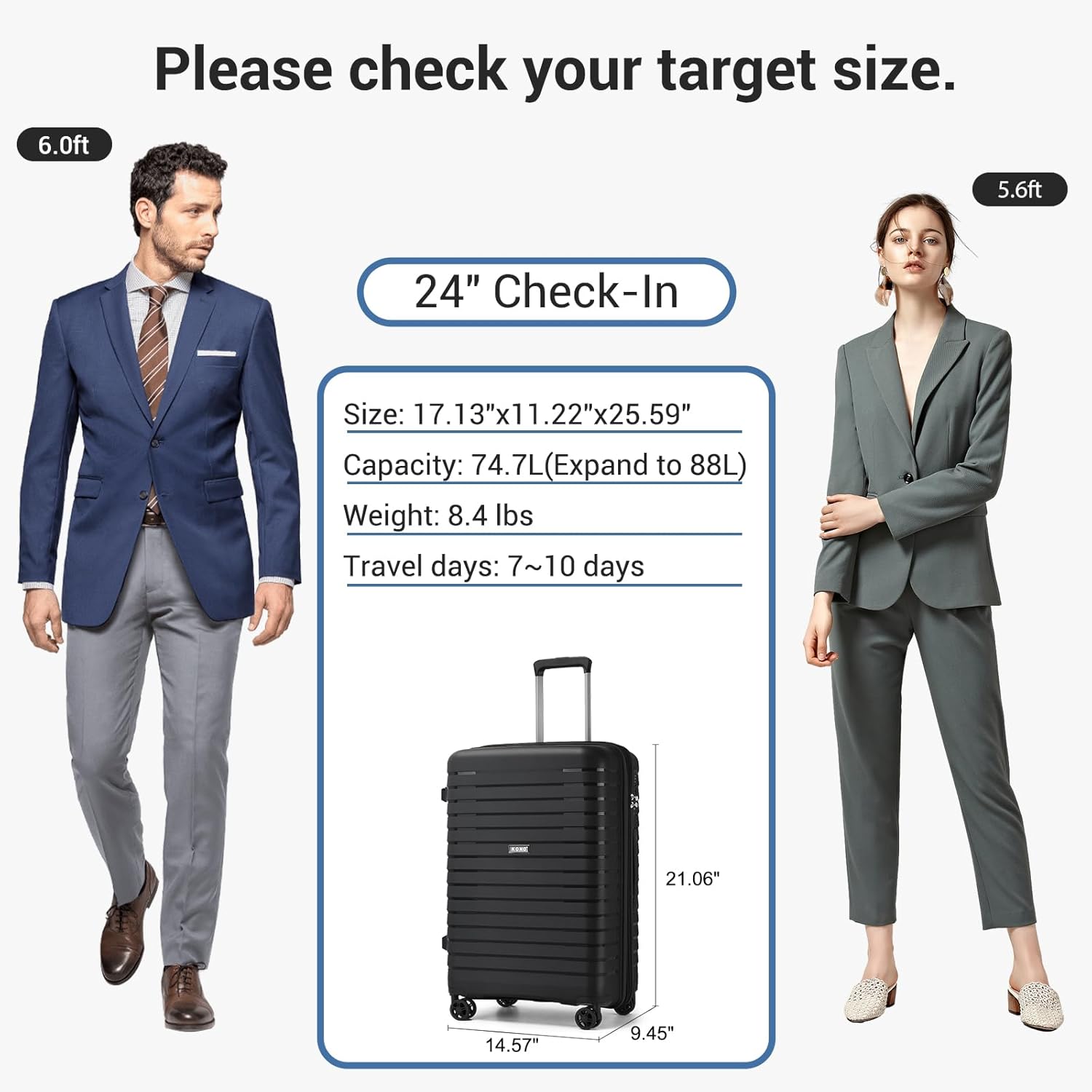 Kono 24 Inch Expandable Luggage Suitcase with Spinner Wheels, Durable Hardside Checked Luggage with Hidden Cup Holder, Lightweight Hard Shell Medium Suitcase with TSA Lock(Black) - Image 8