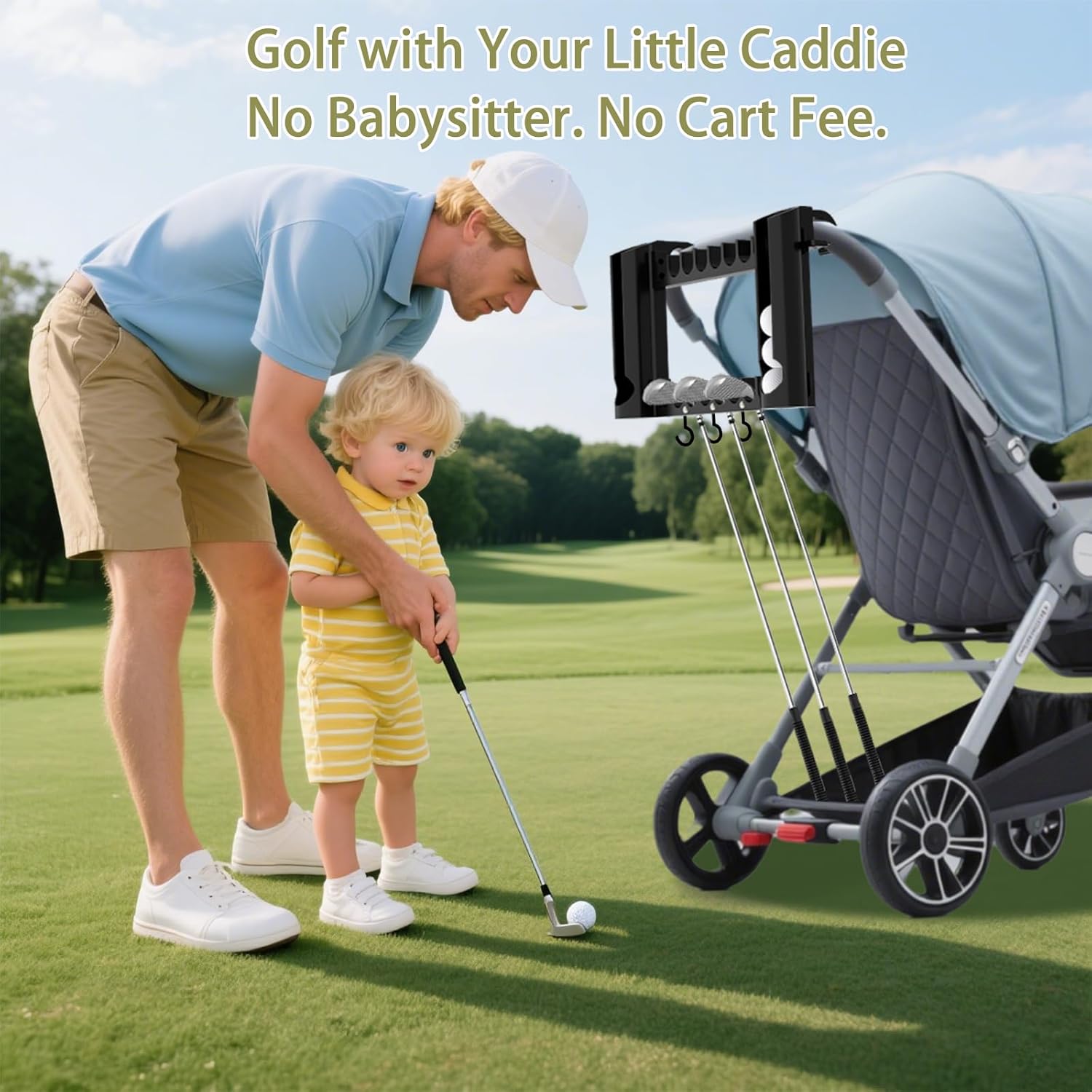 Golf Stroller Attachment - Stroller Golf Caddy & Golf Club Holder, PETG Safe & 16-Club Capacity, Fits Baby/Toddler Strollers, Golf Accessories for Men, for Golf cart Baby seat