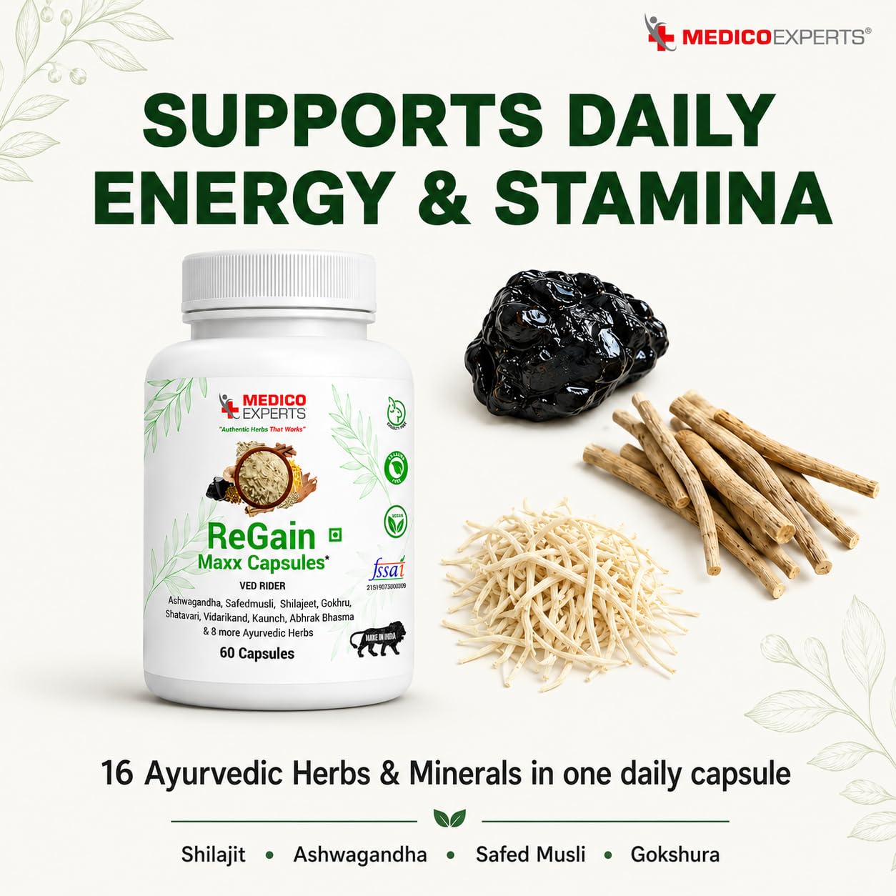 MedicoExperts ReGain Maxx Capsules - Shilajit Ashwagandha Safed Musli Gokshura - 16 Ayurvedic Herbs, FSSAI Licensed, Heavy Metal Tested, Supports Energy & Stamina - 60 Capsules (15 Days)