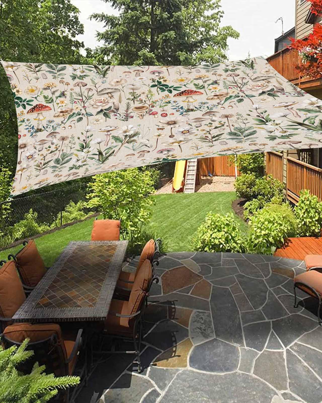 Mushroom Sun Sail Shades Rectangle Canopy,Sunlight Block Heavy Duty Curved Backyard Shade Cover,Waterproof Sun Shades for Patios Outdoor,14'x18' Retro Botanical Spring Aesthetic Floral Plant Herb