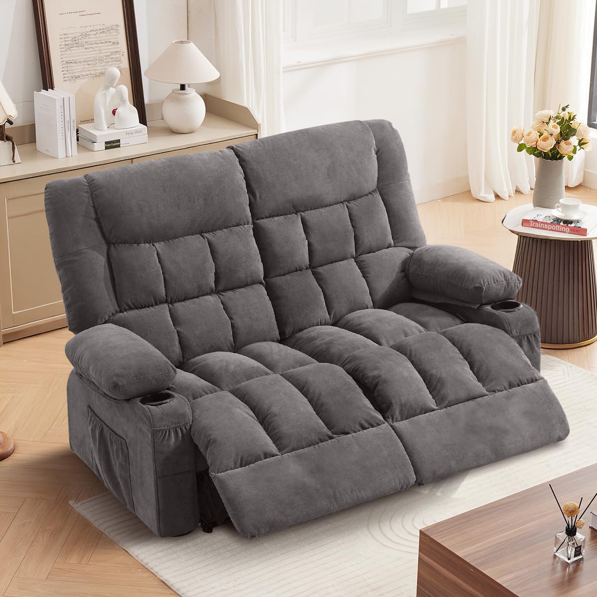 (incomplete box 1of 2) Recliner Loveseat with Cup Holders for Living Room Love Seat Manual Oversized Recliner with Ergonomic, Side Pocket for Adult