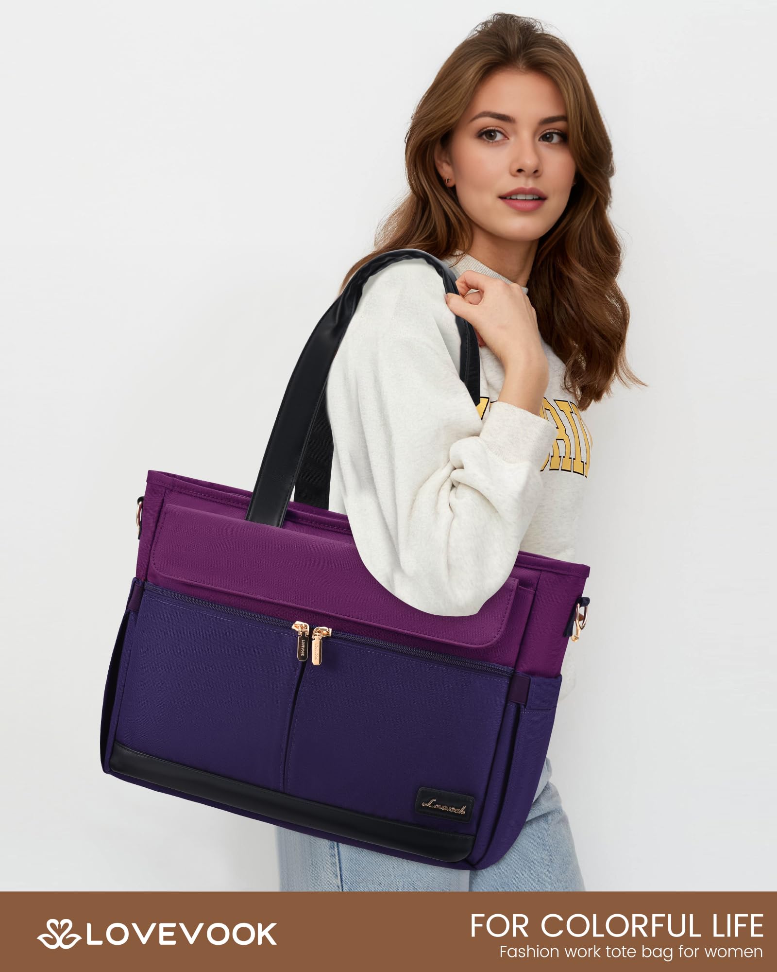 LOVEVOOK Borsa per computer portatile da donna, in tela, grande capacità, con tasche multiple, borsa da lavoro per insegnanti, infermiere, viaggi d'affari