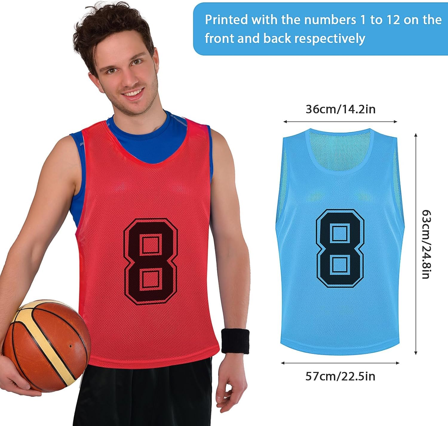 Lot de 24 chasubles d'entraînement en maille nylon – Gilets numérotés réversibles pour adultes – Vêtements de sport pour basket-ball, football, soccer, entraînement d'équipe