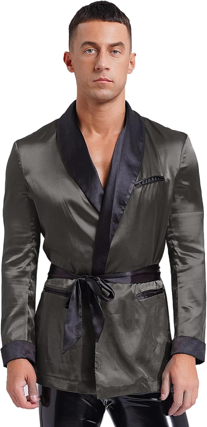 Aislor Men's Short Satin Robe Silk Robe with Belt Spa Long Sleeve House Kimono Bathrobe