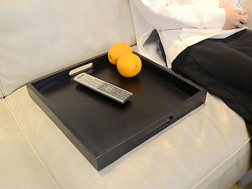 Miniatura 3 de Bandeja cuadrada de madera con asa, otomana decorativa para el hogar, 16 x 16 pulgadas, color negro