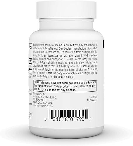 Miniatura 3 de Source Naturals Vitamina D-3 apoya la forma Bioactve para la salud ósea e inmune 1000 iu (25 mcg) -200 tabletas
