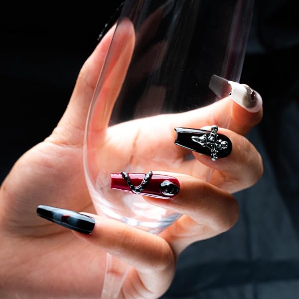 Sun&Beam Nails Handmade Press-on Long Coffin Ballerina Red White Black Silver Glam Halloween Ombre Design Fashion False Nail Tips 10 Pcs Set (#189 M) - 3