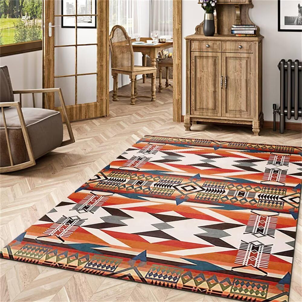 Carpette tatami 70x140cm multicolore géométrique avec dessous antidérapant de style vintage