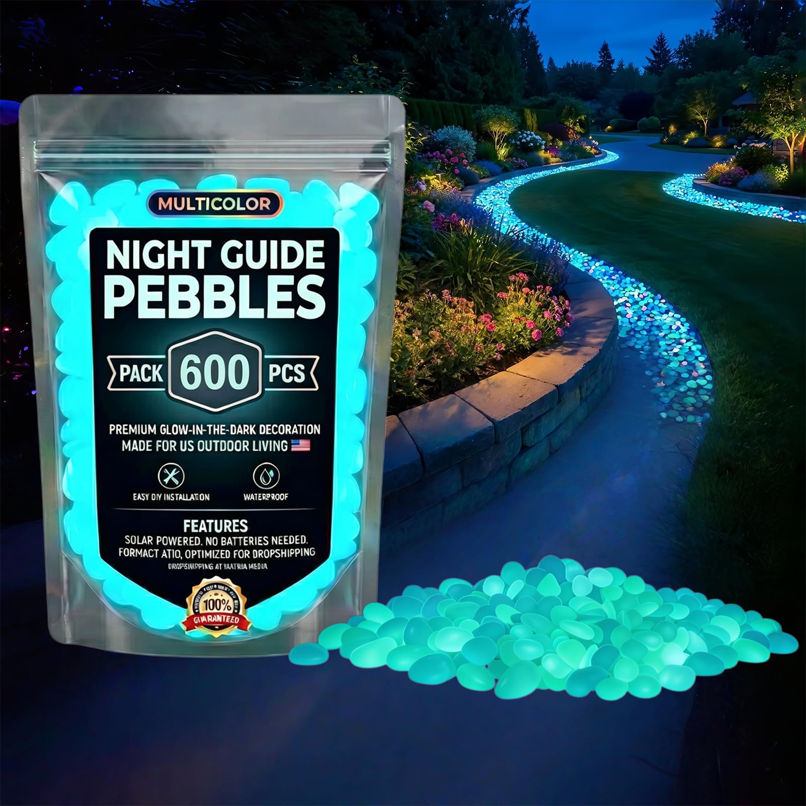 Colorful Glow in the Dark Pebbles 1000pcs – Night Guide Luminous Garden Stones Rocks for Walkways Outdoor Landscaping & Stepping Yard Decor – Aquarium Fish Tank Decorations (Blue,600Pcs)