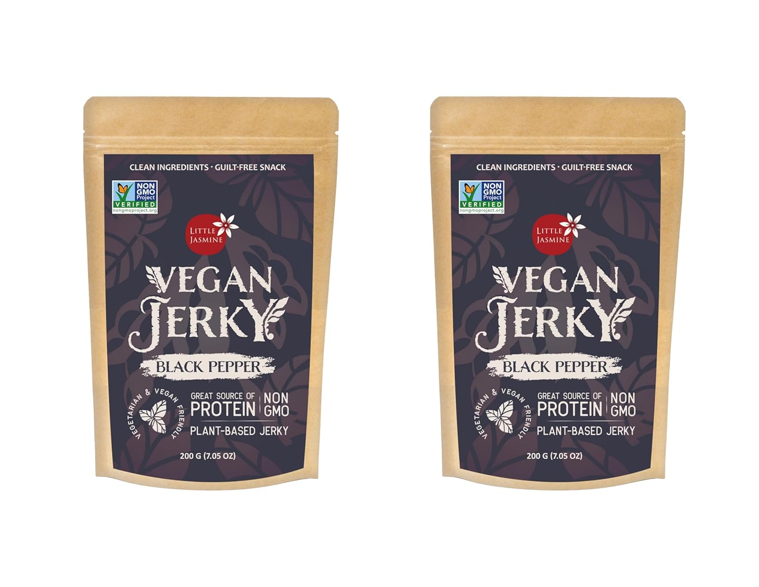 (2 PACK) Non-GMO Little Jasmine Vegan Jerky, Black Pepper Flavor, Plant Based Protein, Clean Ingredients, Made in Taiwan, 7.5 oz