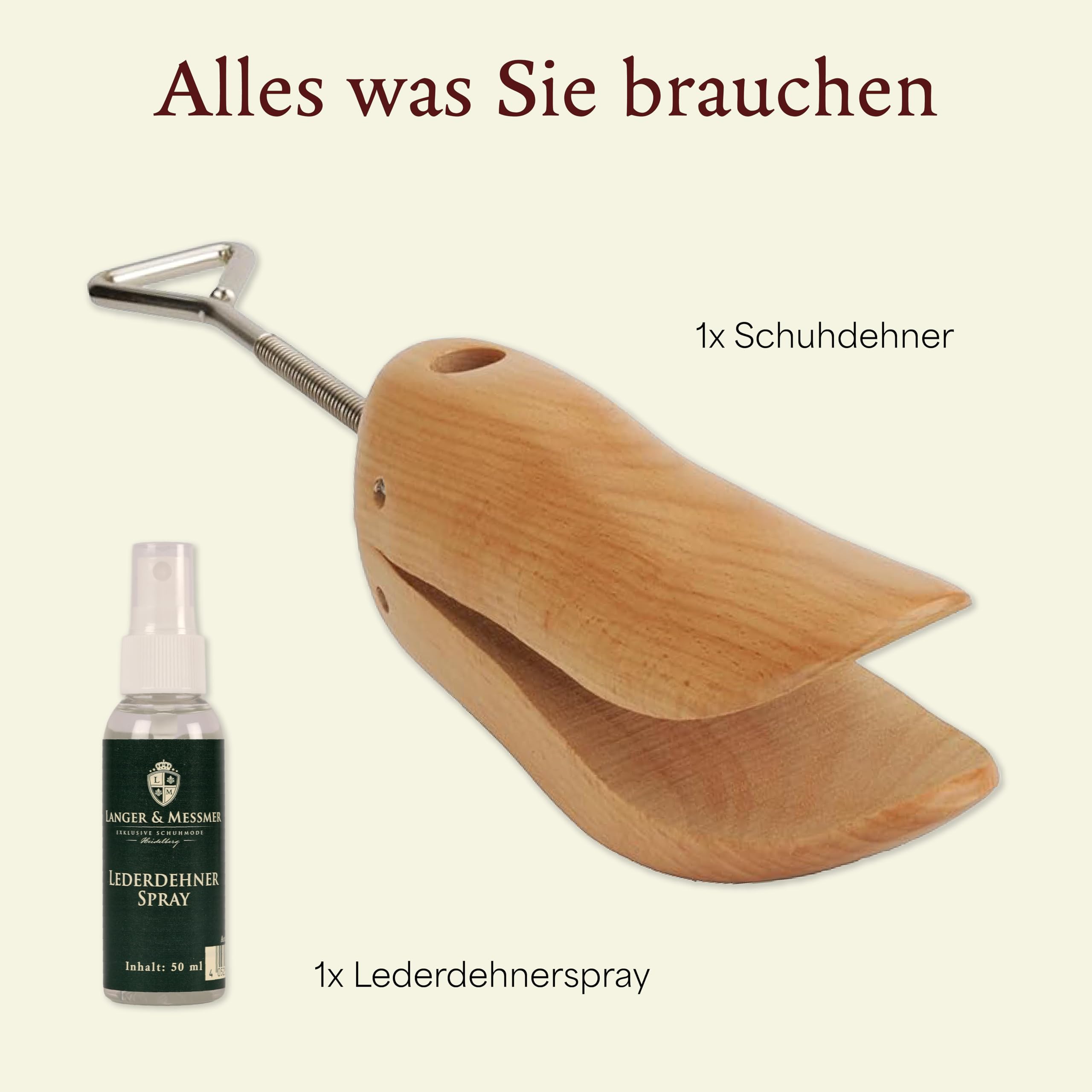 Langer & Messmer Schuhdehner und Stiefeldehner für die Zehenbox für Herren gegen drückende Schuhe - gefertigt aus massivem Buchenholz und inkl. Lederdehnerspray 50ml