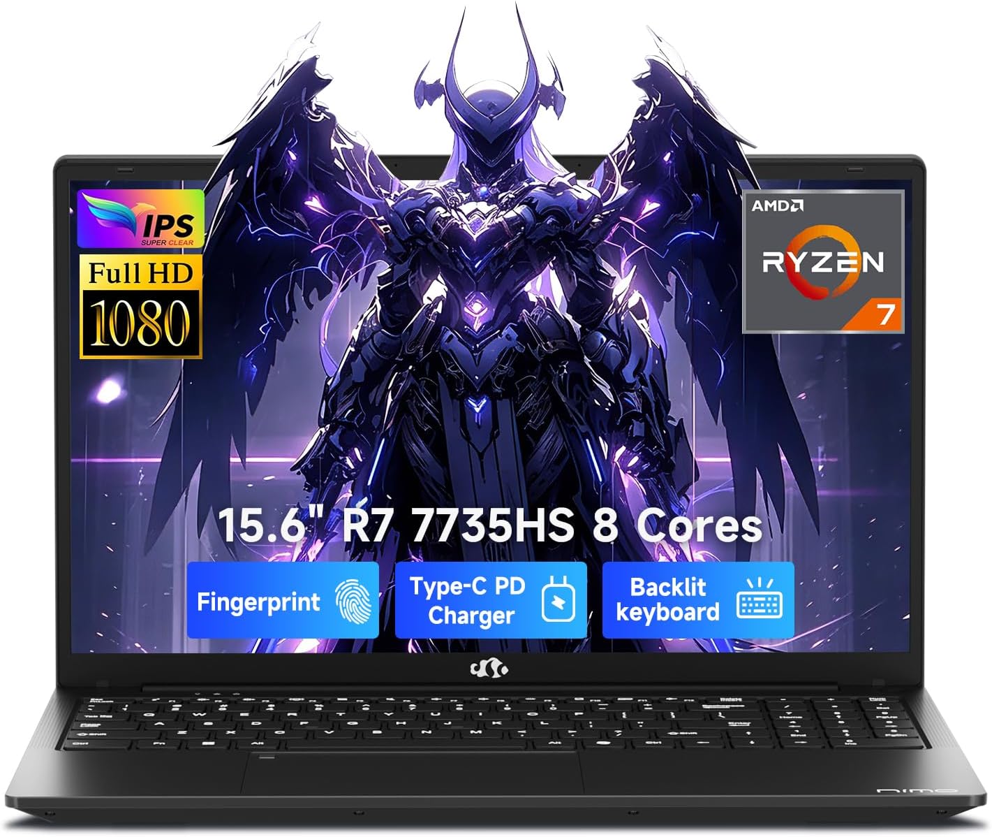NIMO Gaming Laptop, 15.6" FHD Laptop with AMD R7 7735HS (8 Cores, Up to 4.75GHz), 16GB DDR5 256GB SSD Laptop for Business & Student, Radeon 680M, 100W Type-C, 180° Viewing, Backlit KB, Dual Fans