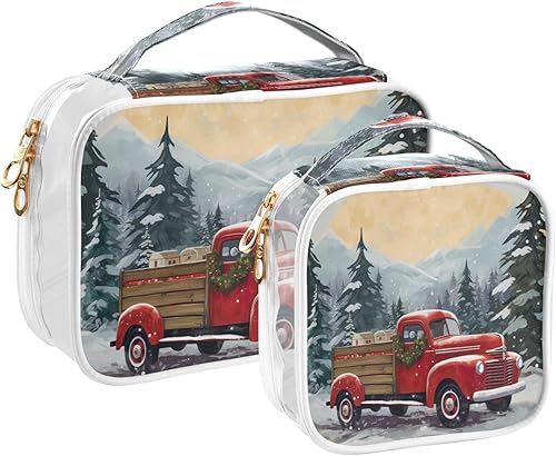 Christmas Red Pickup Truck Clear Toiletry Bag for Traveling,2 Pack Makeup Cosmetic Bag with Zipper,Travel Bag for Toiletries,Travel Essentials