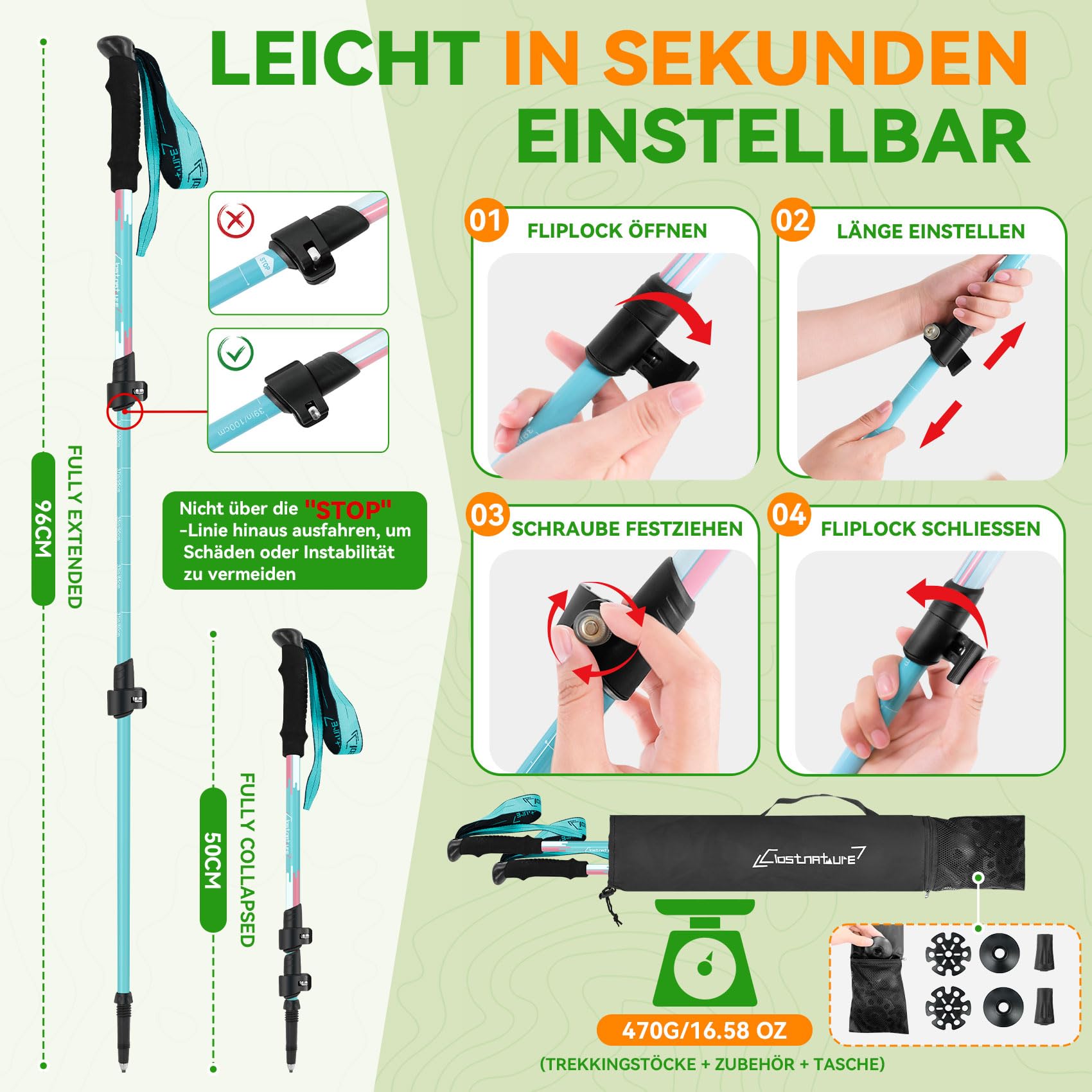 Clostnature Wanderstöcke Kinder Teleskop - Verstellbare Trekkingstöcke für Kinder, 2 Stück Leichte Walking Stöcke aus Aluminium für Wandern, Outdoor, Komfortabler Griff mit Handschlaufe, 50-96 cm