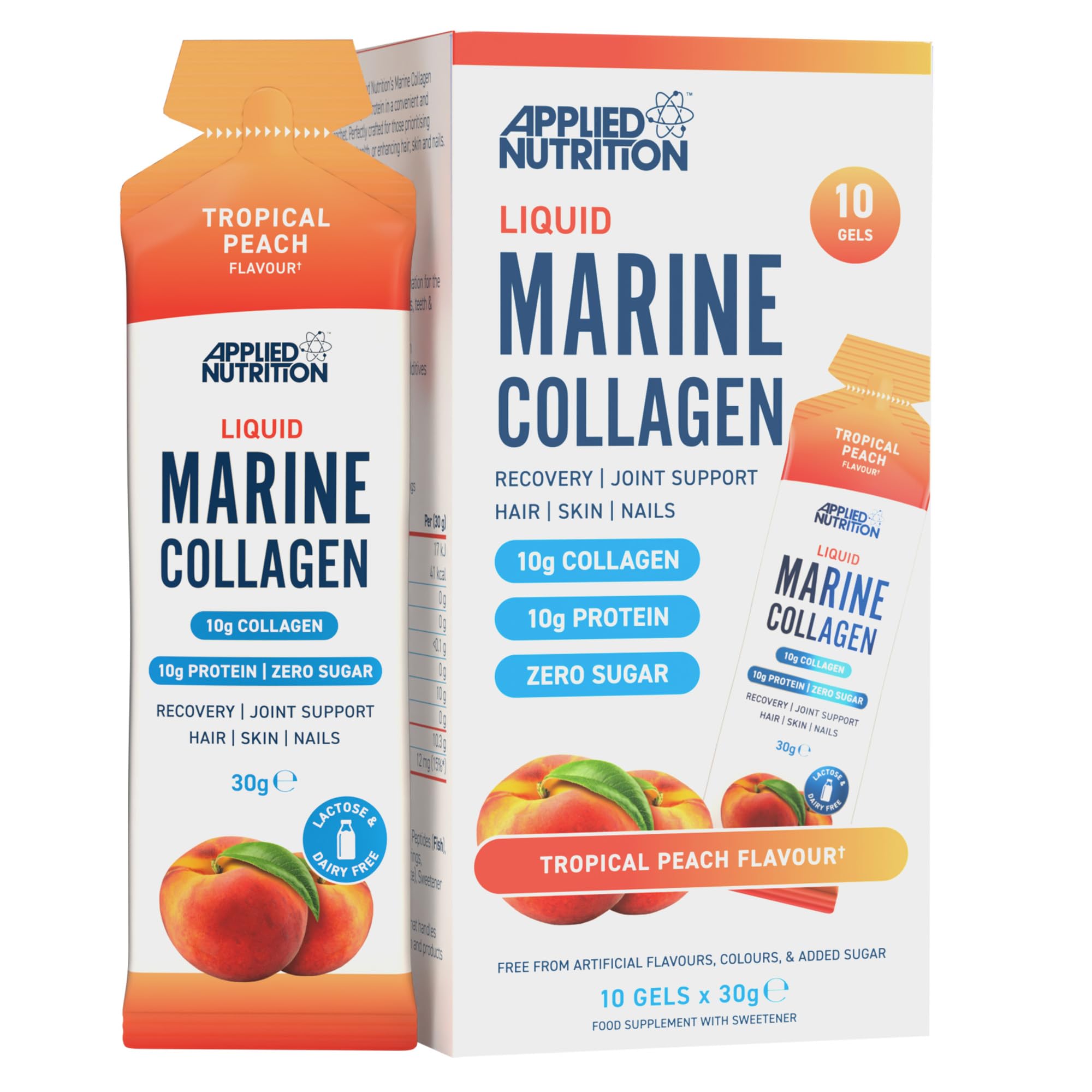 Applied Nutrition Liquid Marine Collagen Gel | 10g Collagen + Vitamin C | Ready-to-Use Beauty Gel | Sugar-Free | Tropical Peach | 10 x 30g Sachets