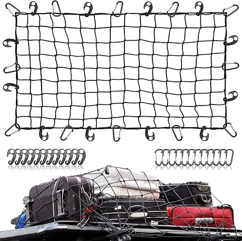 Red de carga para caja de camioneta – 3 x 4 pies se estira a 6 x 8 pies – Pequeña red de 4 x 4 pulgadas para techo de camioneta, con 12 mosquetones