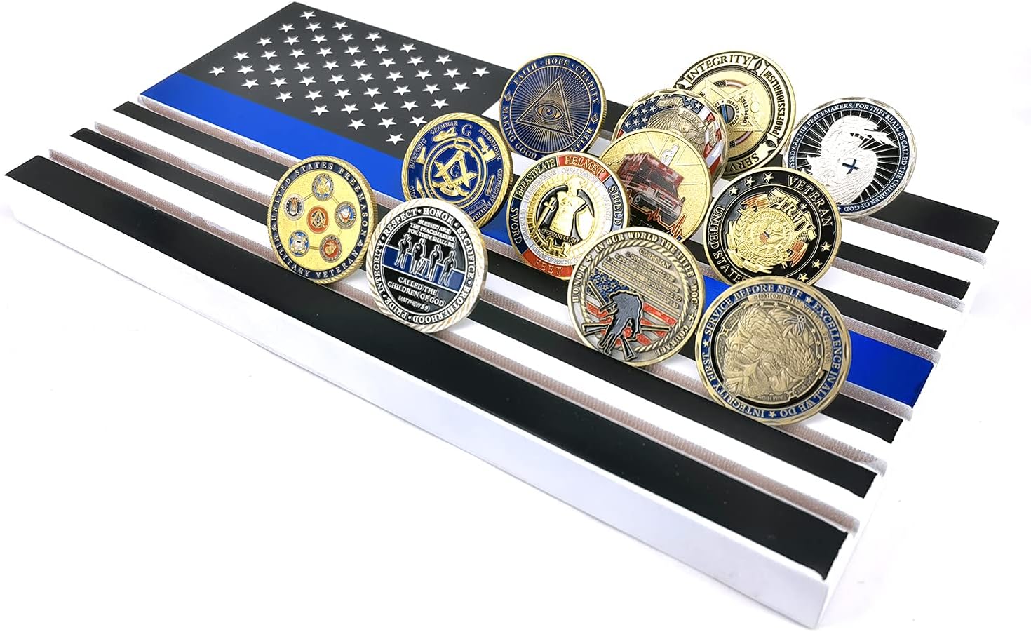 6 Row American Flag Coin Display Stand - Thin Blue Line Military Challenge Coin Display Case - Holds 42-46 Coins
