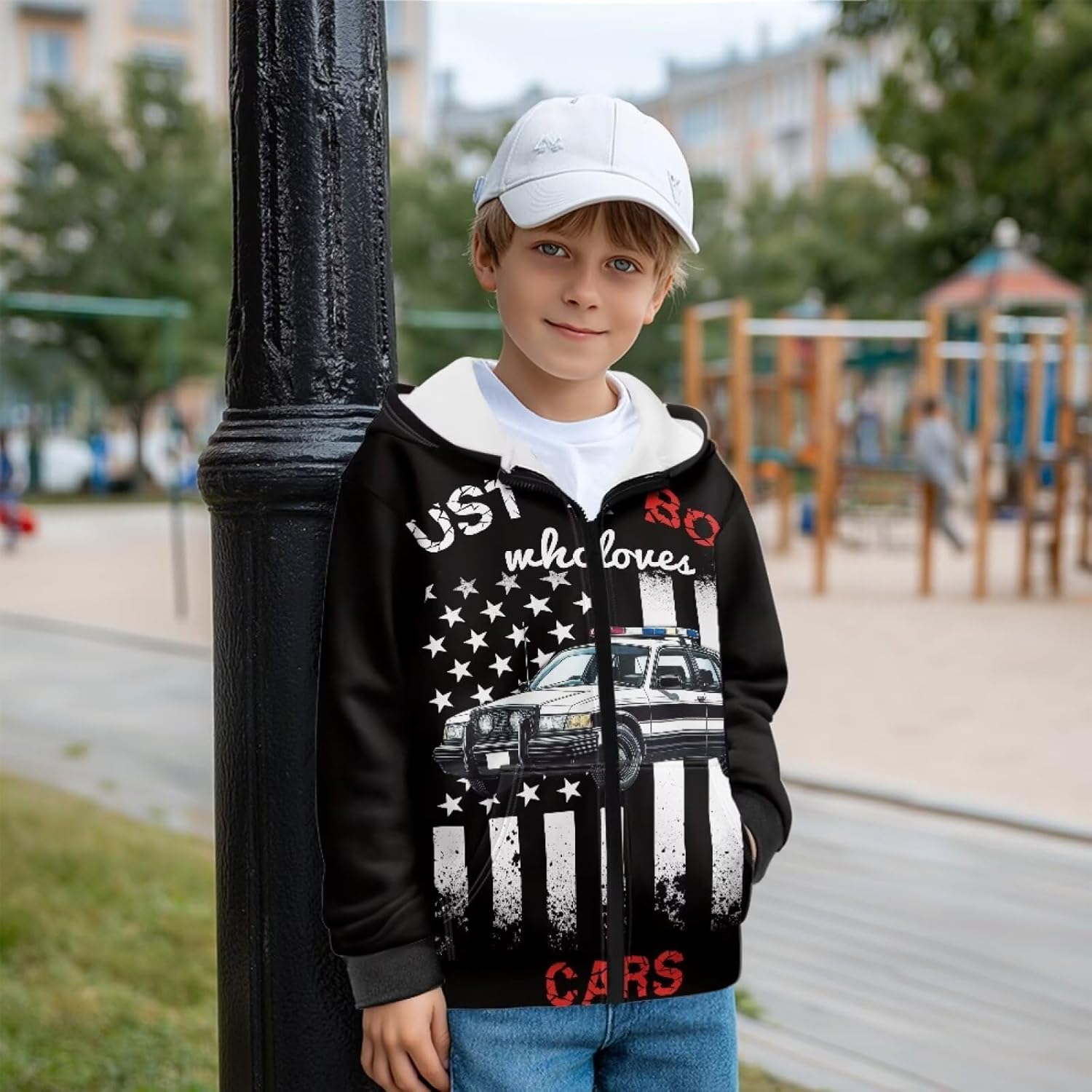 Boys Car Print Hooded Sweatshirt Zip-Up Fleece Hoodie Long Sleeve Hoodies Sweatshirts with Pocket